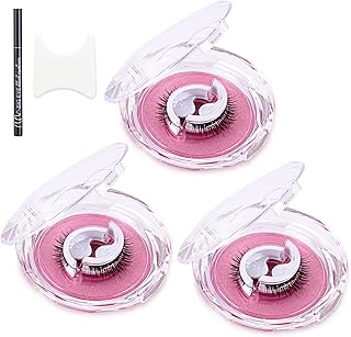 AYNKH 3 Pairs Reusable Self-adhesive Fake Eyelashes Natural Look 3D False Eyelashes No Glue/Eyeliner/Magnet Needed Waterproof Eyelashes for Women and girls (with Eyeliner)