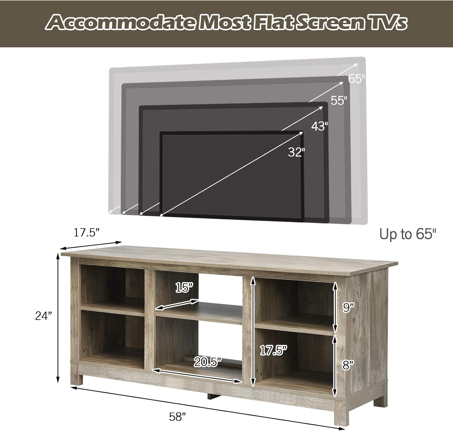 Tangkula Farmhouse Wood Universal TV Stand for TV's up to 65", Rustic TV Console Table w/Open 6 Shelves, Living Room Media Entertainment Center for 18" Electric Fireplace (Not Included) (Grey)