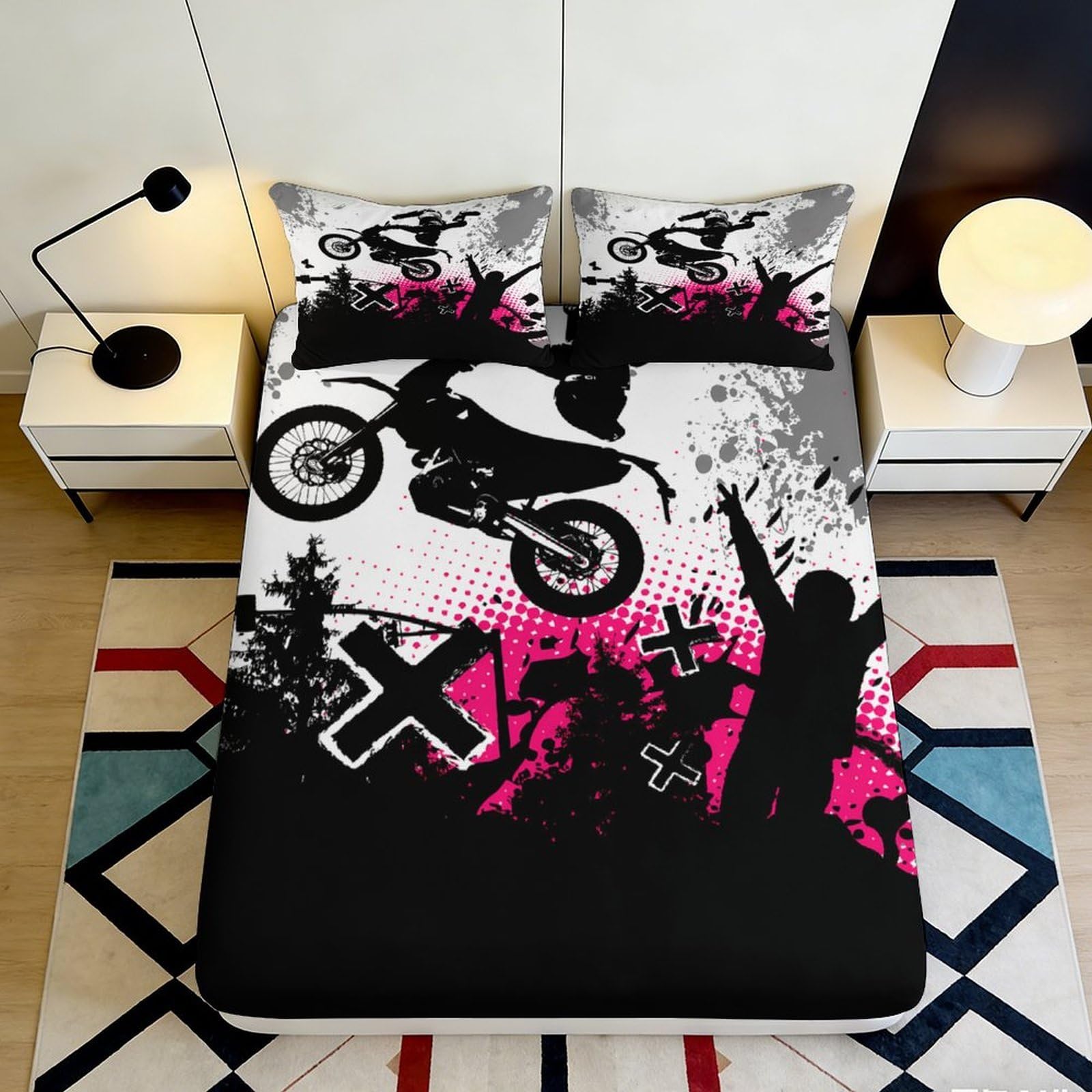 3D Printed Motocross Extreme Fitted Sheet Microfiber Soft Breathable Graffiti Rider Bed Cover for Bedroom Dorm Mattress Protection Decor 90x200x25cm