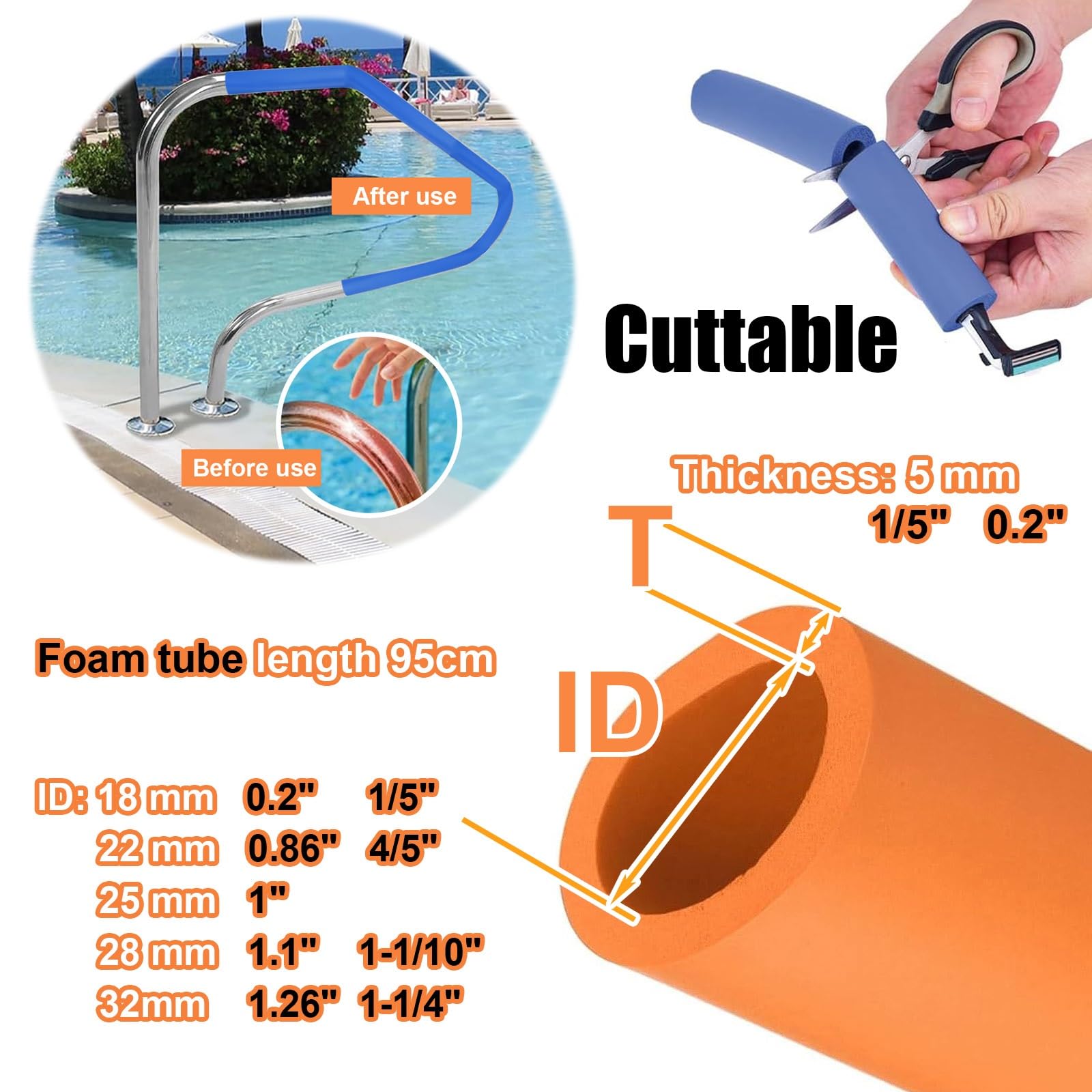 Tubo in gommapiuma, 95cm Schiuma Tubi, ID 18 22 25 28 32 mm Gomma Isolamento Tubo Rivestimento, Maniglia Impugnatura Protezione, Tubolare In Schiuma per Palestra Attrezzatura Rame Tubo(Nero,32mmx5mmx9