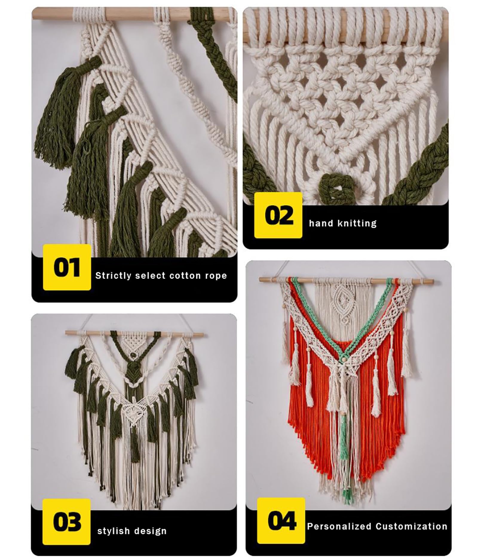 TaLcuS Dekoracja ścienna w stylu boho, makrama, liście i pióra, ręcznie tkany gobelin, nowoczesna dekoracja domu boho szykowna ozdoba do sypialni, salonu, mieszkania (A2)