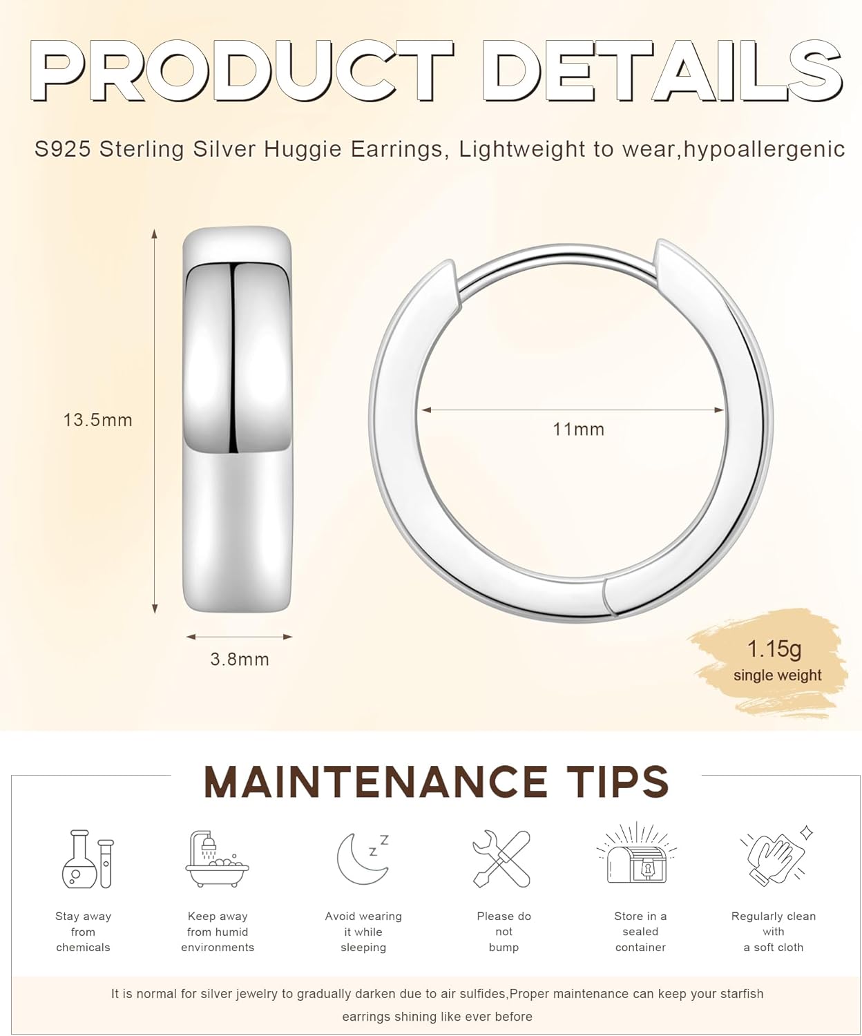 Monkton Huggie Earrings S925 Sterling Silver Small Hoop Earrings - 13.5mm Chic Lightweight Hypoallergenic Women's Jewelry - Image 5