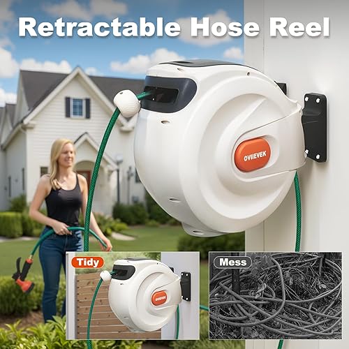 Miniatura 5 de Carrete de manguera de jardín retráctil, carrete de manguera montado en la pared de 12 pulgada x 65 pies, soporte giratorio de 180, con boquilla