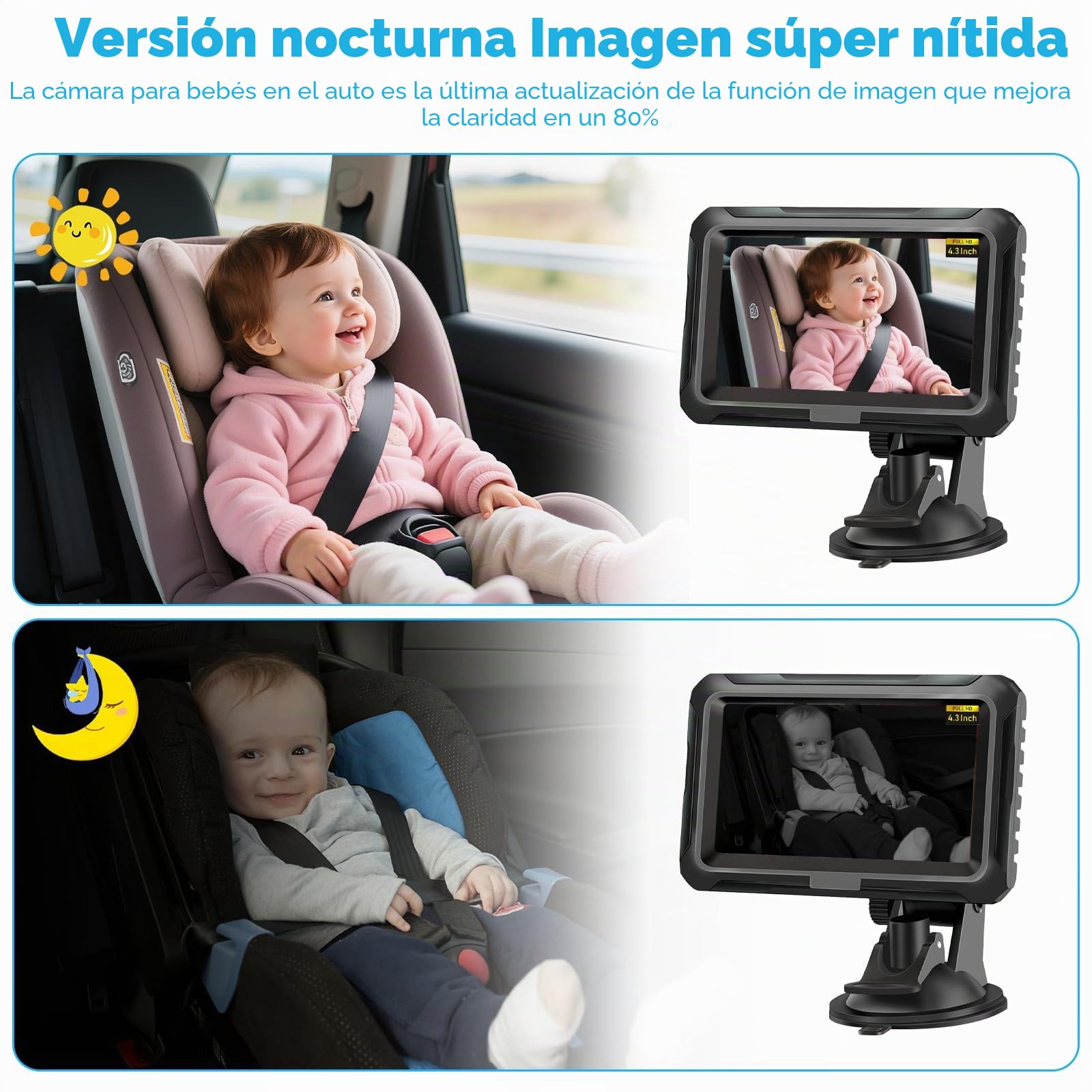 Cámara de coche para bebé HD 1080p con espejo, pantalla de 4.3 pulgadas, visión nocturna y gran angular de 150°, cámara trasera inalámbrica con monitor, monitor de seguridad para babyphone, Plug