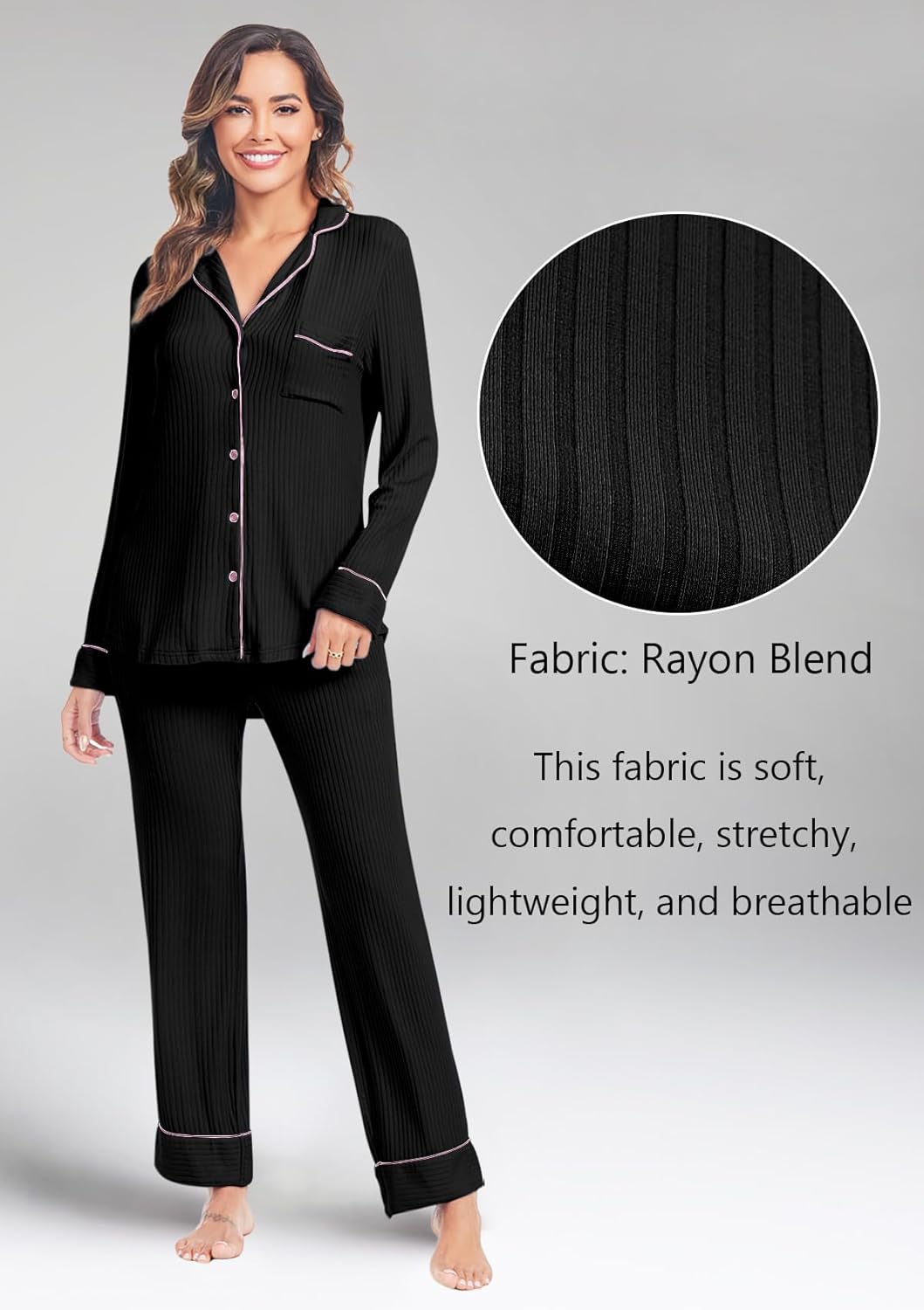 Women's Pajama Sets Long Sleeve Button Down Soft Knit Sleepwear Pjs 2 Piece Lounge Set - Image 2