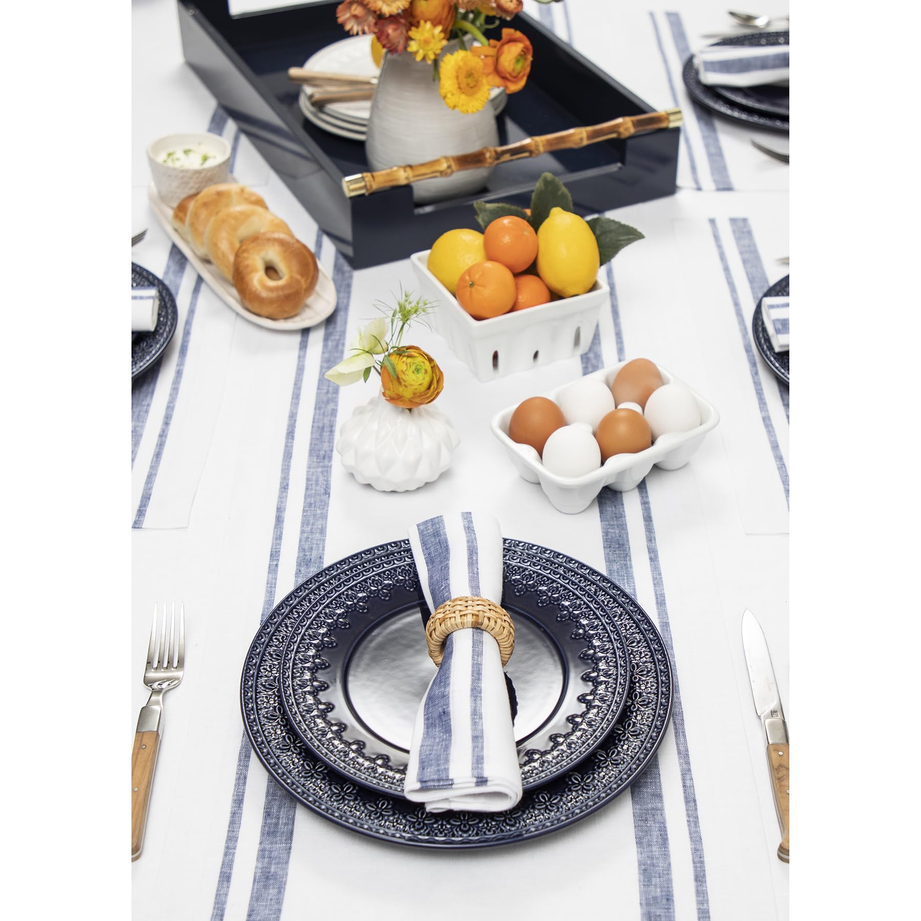 Solino Home Camino de mesa de lino a rayas francesas de 72 pulgadas de largo, 100 % lino puro, color azul marino y blanco, 35.5 x 183.8 cm, ideal para bodas, fiestas, primavera, día de la madre,