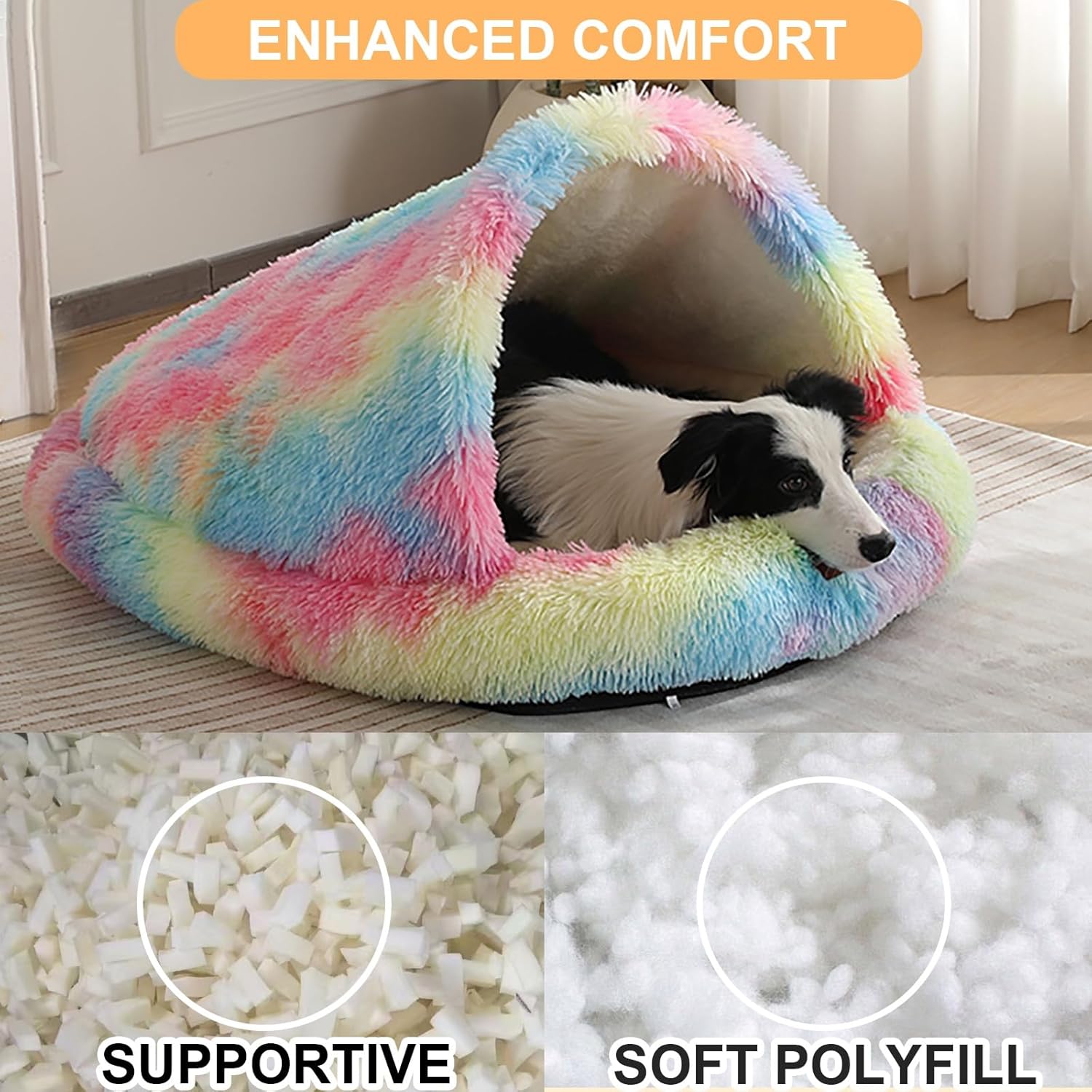 Calming Small Dog Bed Indoor Cat Bed, Cozy Cave Dog Bed, Enclosed, Cat Bed Cave, Large Cave Bed Removable Washable Cover Non-Slip Nest Windproof(Rainbow Colors,33")