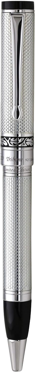 Xezo Tribune Twist Action Ballpoint Pen, Medium Point. Solid Sterling Silver Barrel with Pure Platinum Plated Parts. Handcrafted, Limited Edition of 300, Serialized