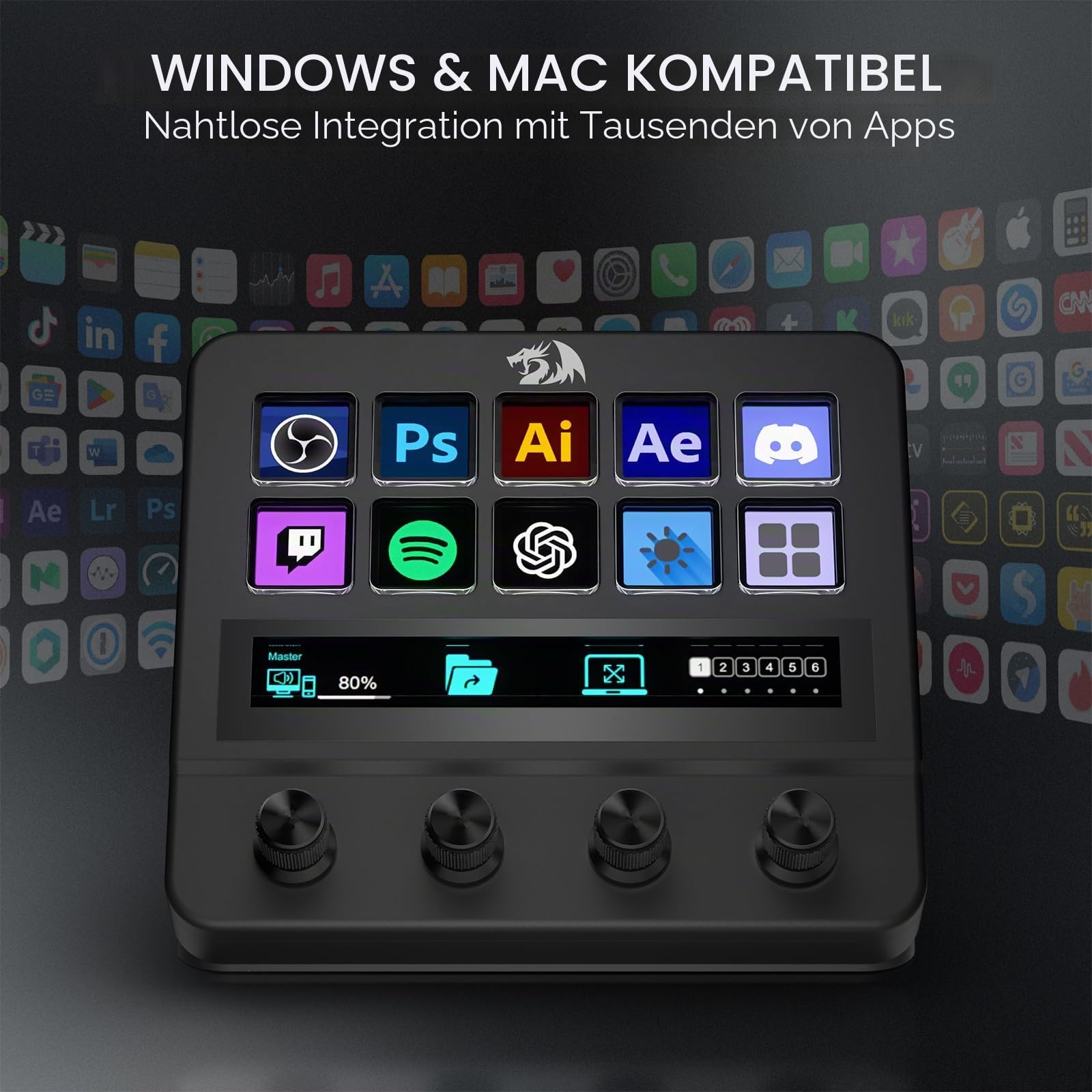 Redragon SS552 Stream Controller Makro Pad Touch Streifen LCD Tasten | Drehregler Stream Station Content Creator Streaming Gaming Kompatibel PC Mac Anpassbar