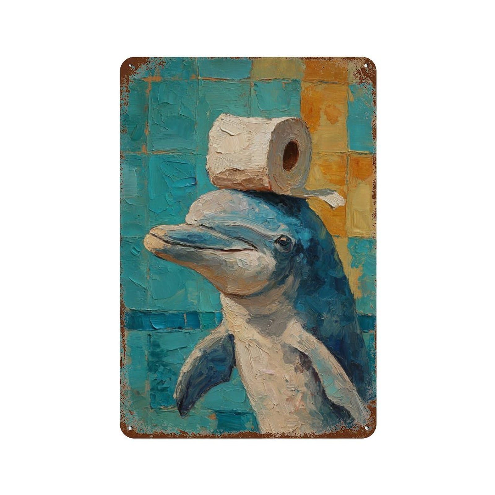 Dolphin with Toilet Paper Hat 11.8"x7.9" Retro Metal Sign, Shabby Chic Decor for Garage, Bar And Workshop Decor
