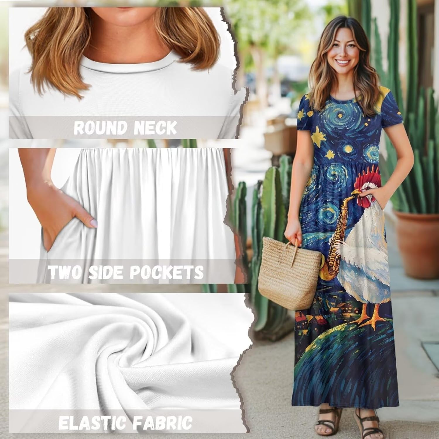 Women's Summer Short Sleeve Dress Casual Crew Neck Maxi Dresses with Pockets Flowy Vacation Beach Dress - Image 6