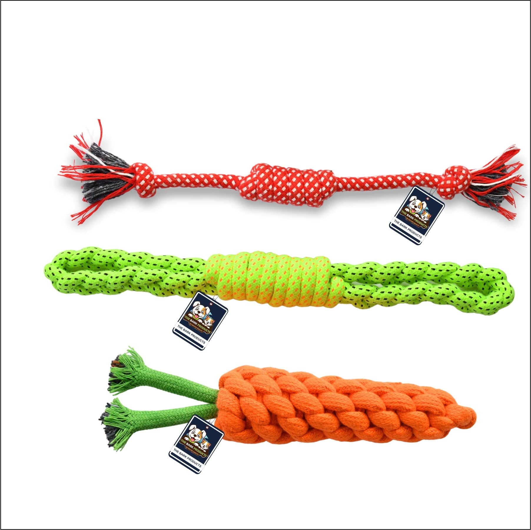 The Bark Products Heavy Duty Dental Dog Chew Toys (Rope Figure Eight + Rope Toffee + Rope Carrot) Polyester Blend Durable Exceptional Attractive Vibrant Colors (Color May Vary) Set of 3 (B0BKGC338V) Amazon Price History, Amazon Price Tracker