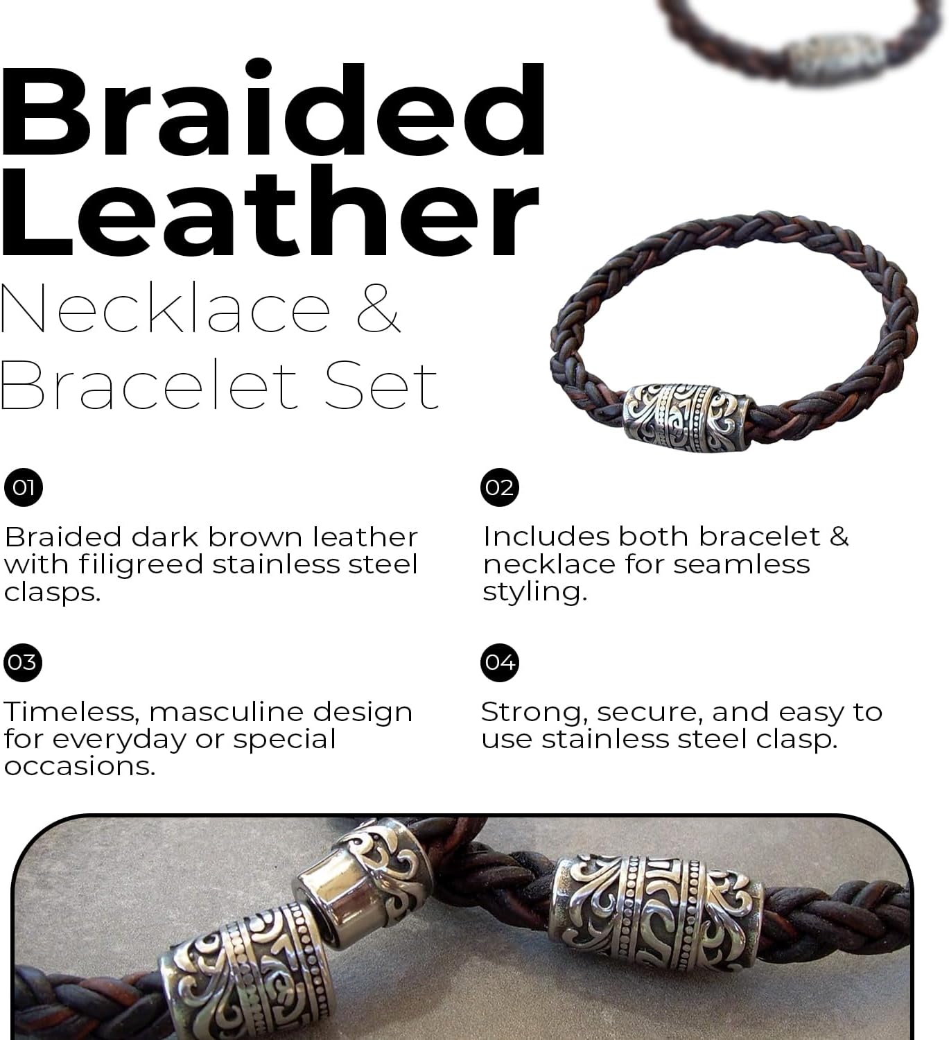 Handmade Mens Thick Braided Leather Necklace and Bracelet Two Pieces Set with Filigreed Stainless Steel Magnetic Clasp - Genuine Leather Necklace and Bracelet for Men