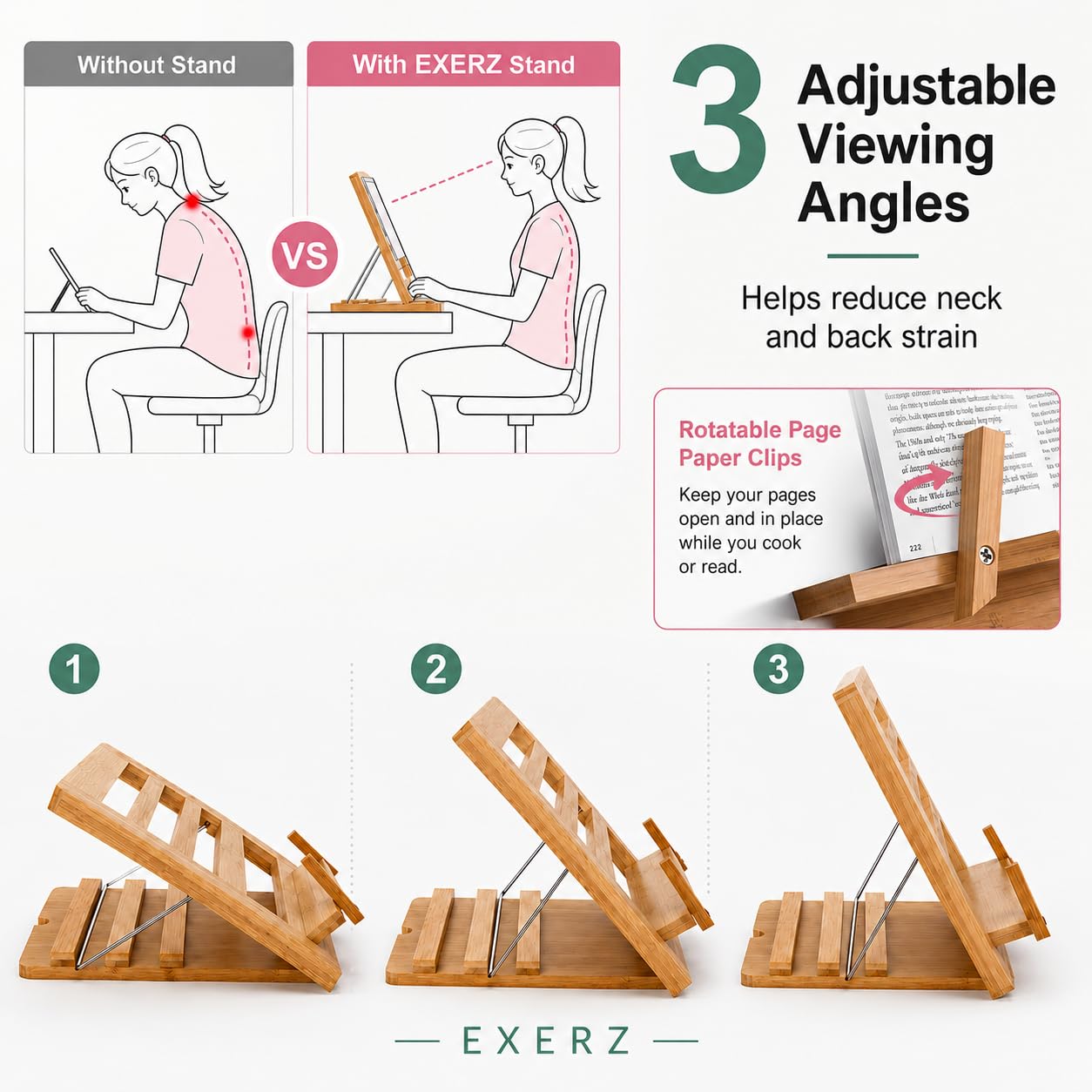 Exerz Leggio in Legno da Riposo per Libri e Ricattari – Qualità Premium/Regolabile/Ideale per Libri iPad Tablet – 34 x 24 x 2 cm (Di legno)