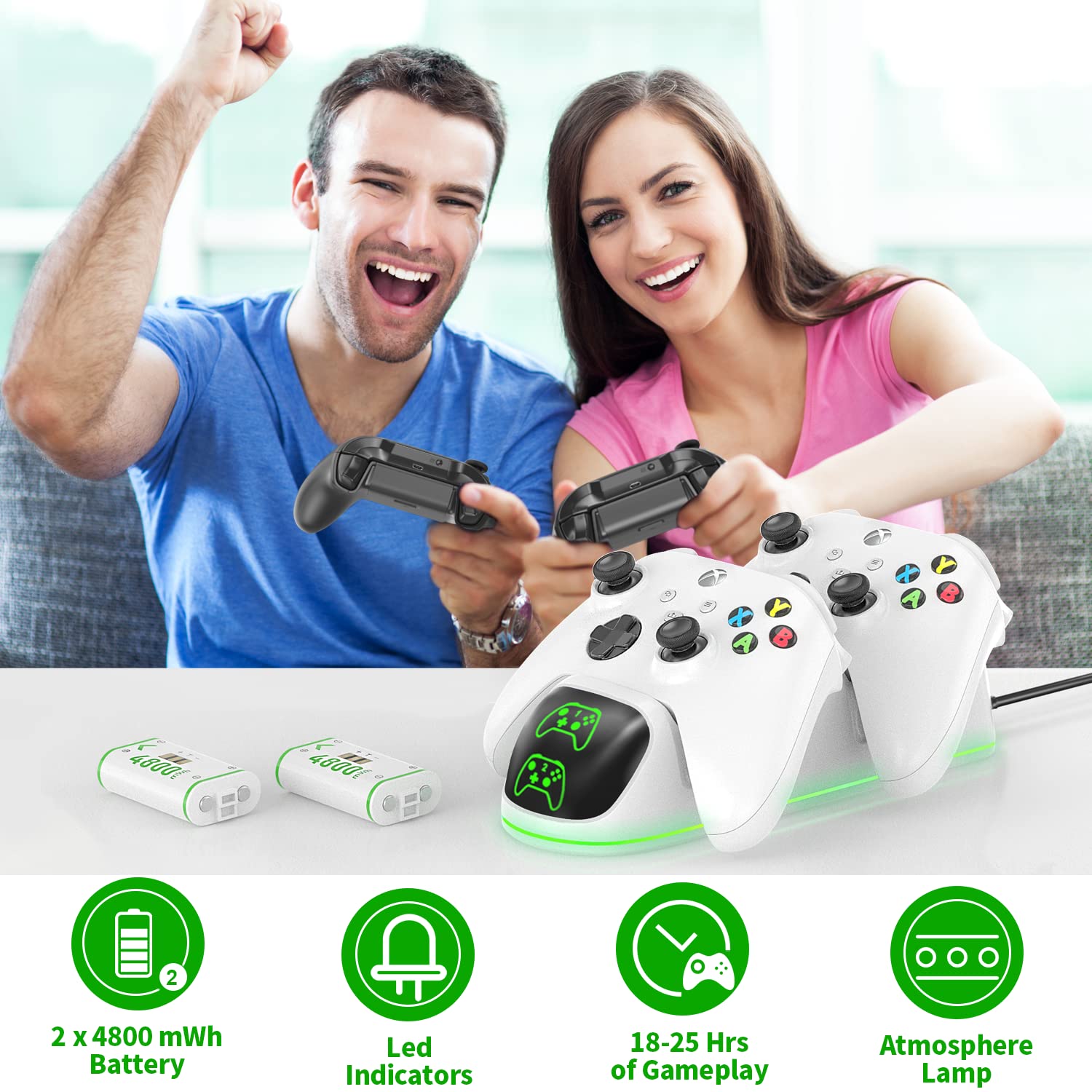 Xbox Controller Ladestation mit 2X 4800mWh (2X 2000mAh) Wiederaufladbaren Akku für Xbox One/Xbox Series X/S Elite, Xbox One Controller Ladestation mit Xbox akku für Xbox Series/One Controller, weiß