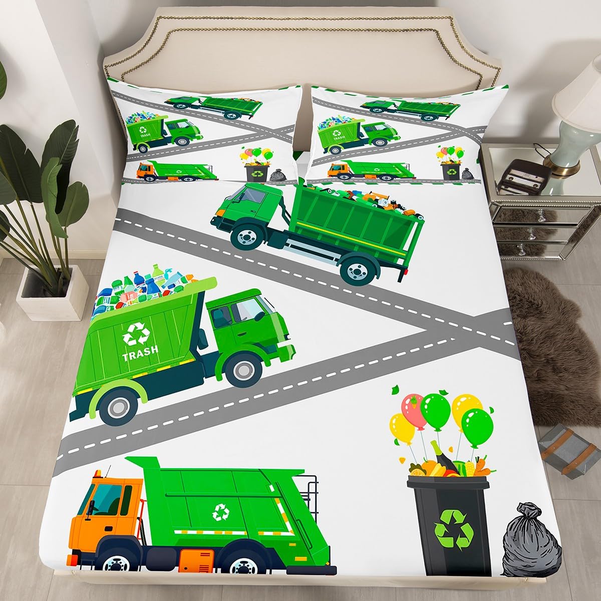 Erosebridal Garbage Truck Bedding Set Twin Size,Cartoon Car Bed Sheets for Toddler Kids Boys,Trash Truck Dark Green Fitted Sheet for Youth Teens Room