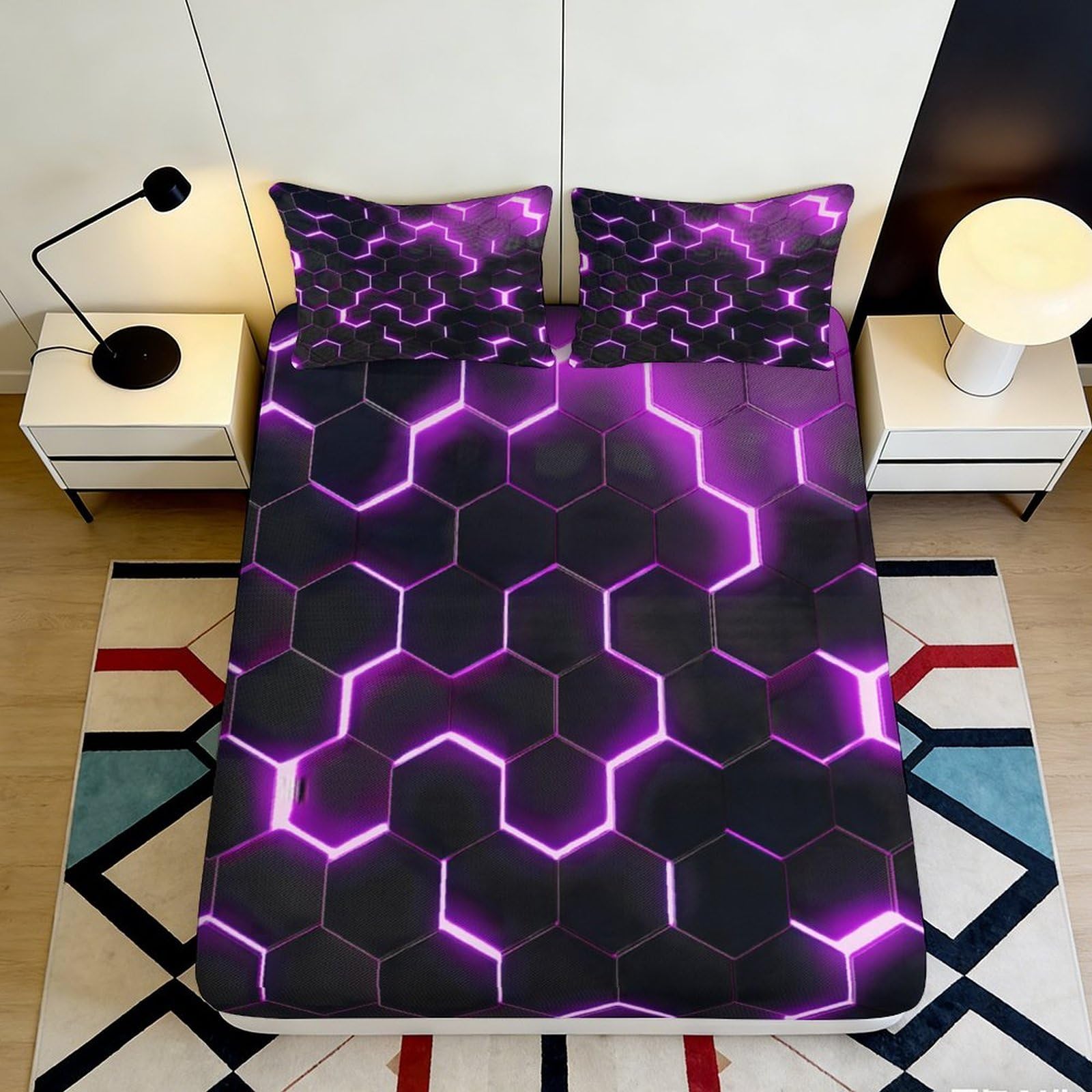 3D Printed Neon Hexagon Fitted Sheet Microfiber Deep Pocket Honeycomb Mattress Fitted Cover Bedroom Wrap 200x200x25cm