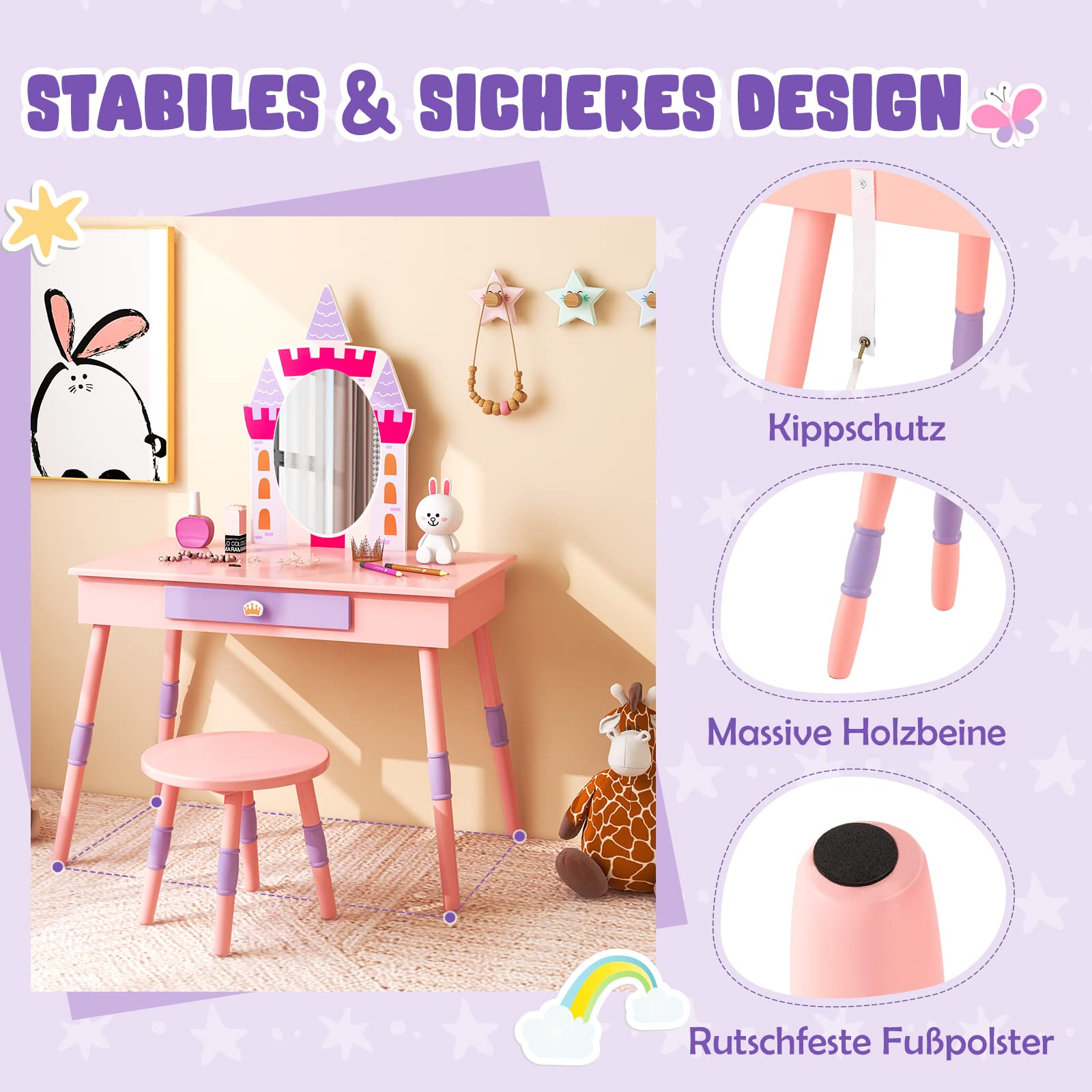 GOPLUS Make-uptafel voor kinderen met 3 spiegels, kaptafel voor meisjes met 3 laden, prinses cosmeticatafel van hout (wit