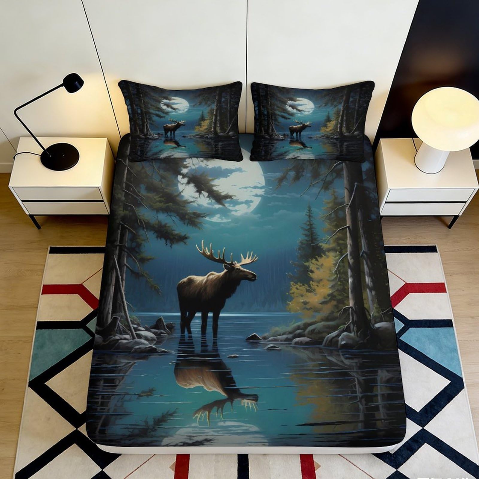 Pnayamiorkfel Style-4 3D Printed Moose Lake Fitted Sheet Microfiber Soft Forest Night Bed Cover For Bedroom Guest Room Mattress Decor 90X200x25cm