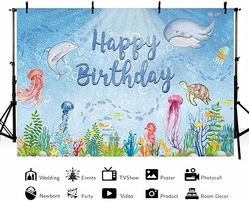 Miniatura 2 de Fondo de cumpleaños con temática oceánica de 7 x 5 pies para niño y niña, bajo el mar, fondo de fotografía de cumpleaños, verano, animales