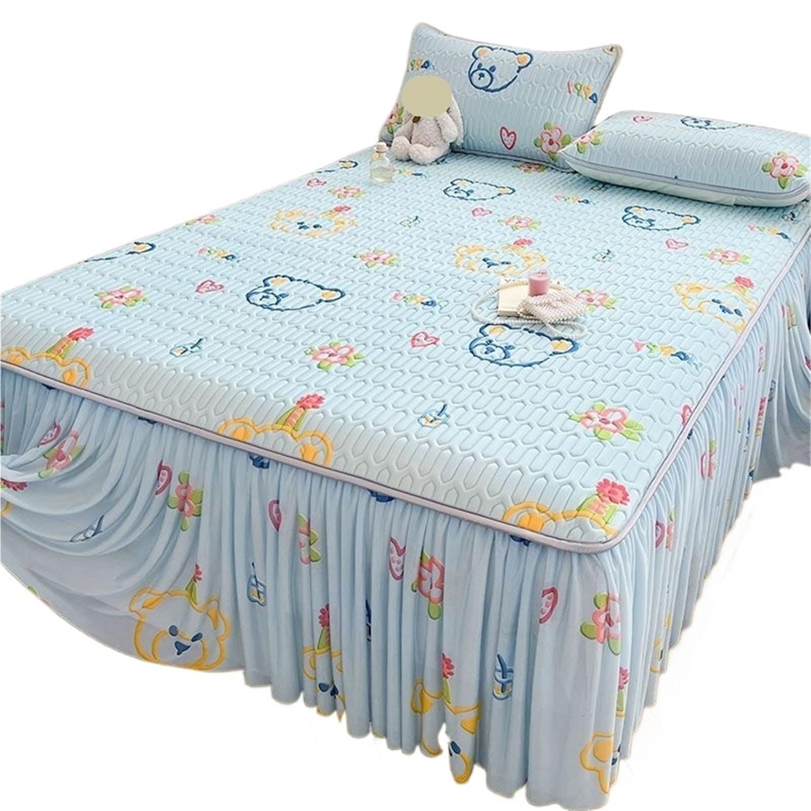 Gonna Da Letto 3 pezzi copriletto gonna lenzuolo arricciato coprimaterasso trapuntato copriletto in pizzo for la camera da letto di casa completa(Color2,180x200cm)