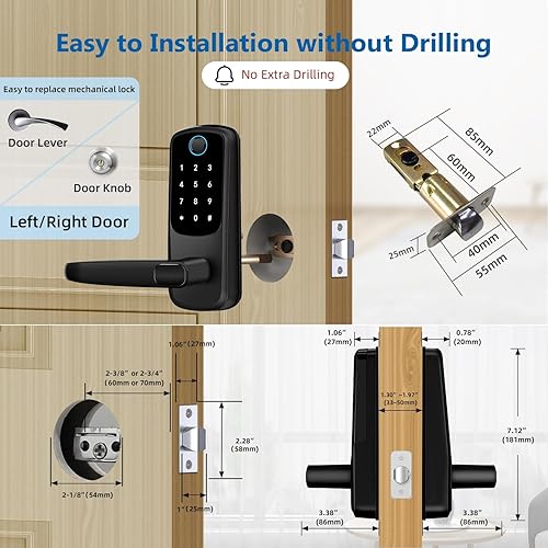 Miniatura 5 de Manija de puerta inteligente con cerradura, cerraduras de puerta de huellas dactilares con teclado mejorado, cerradura de puerta de entrada sin