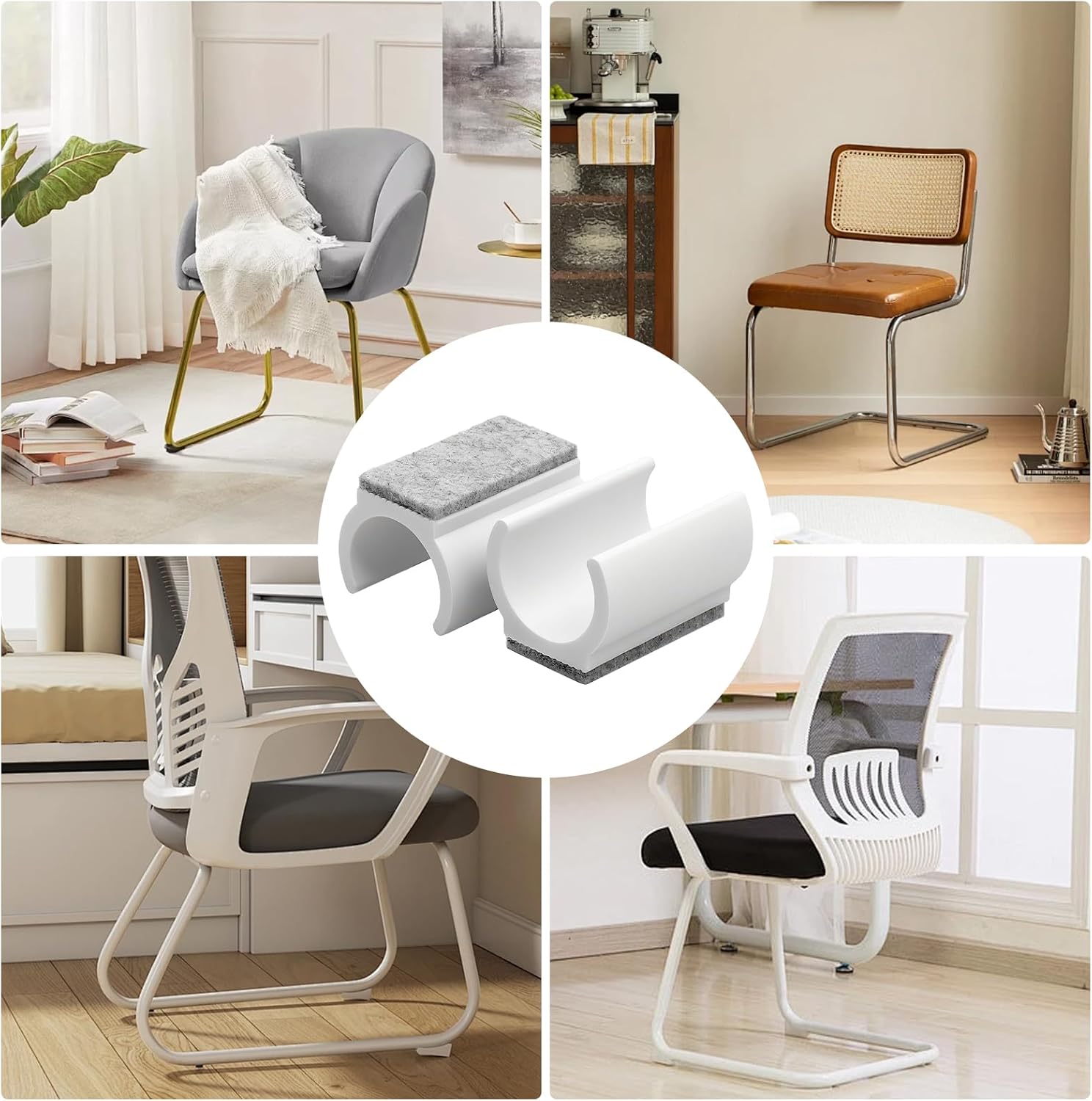 Pack of 24 Chair Gliders, Cantilever Chairs, Felt Glides, 25 mm, Clamp Shell Gliders Felt for Noise Reducing and Furniture Protection, Parquet, Tiles, Wooden Floors (White, 25 mm)