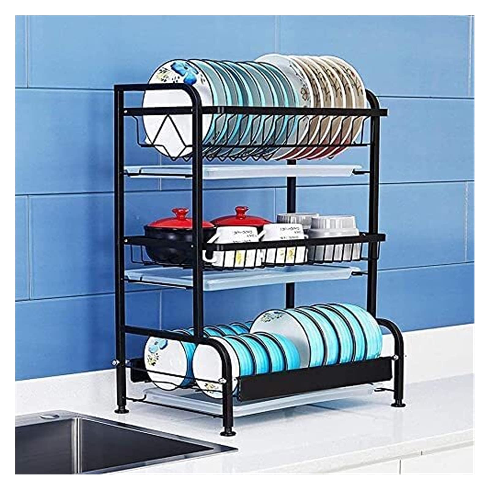 OGMOYT Dish Drainer Rack Kitchen Multi-Layer Storage Rack Dish Rack Kitchen Rack Household Drying Tableware Tray Storage Rack Black Drain Rack/B,B