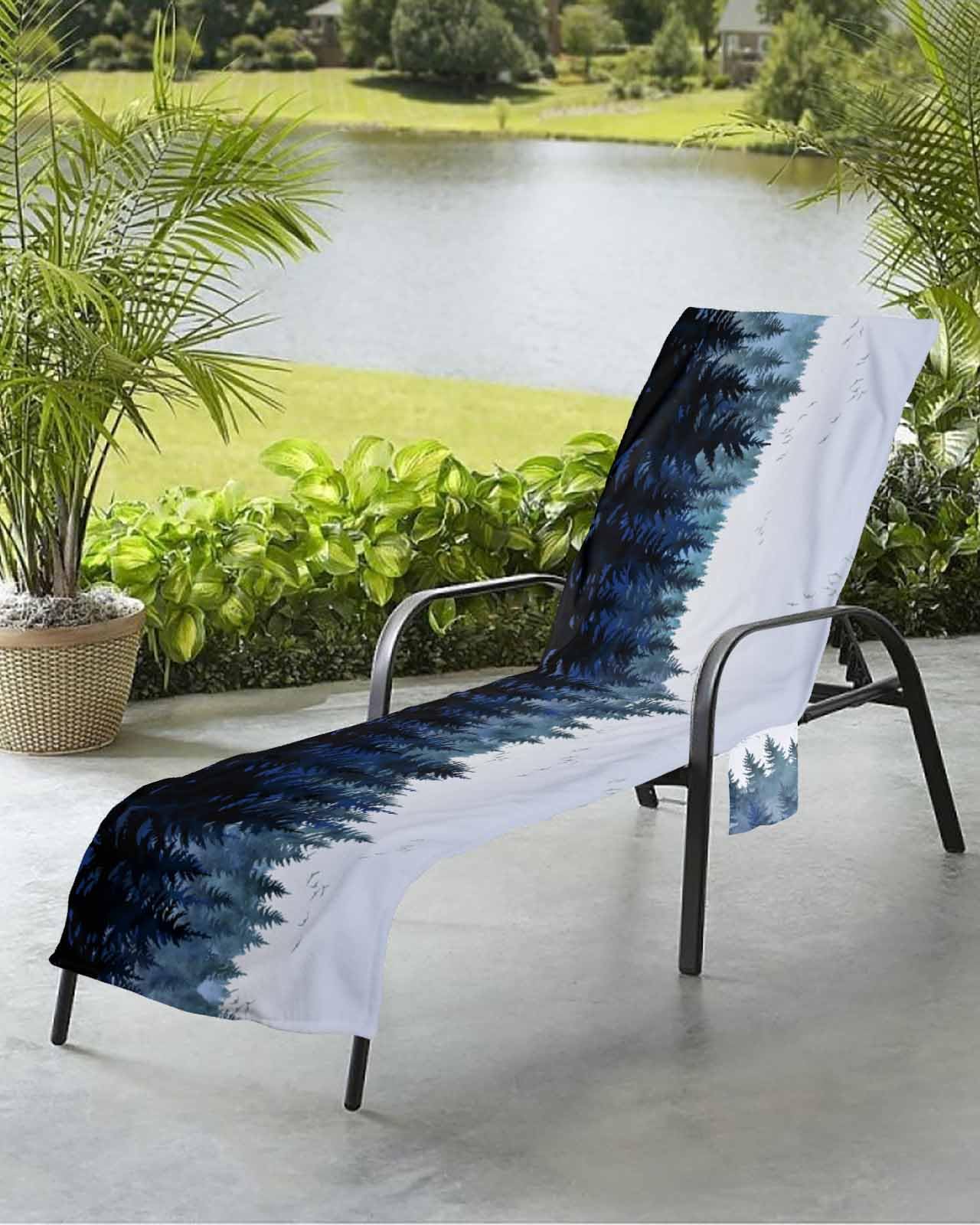 Forest Blue Trees Beach Chair Towel Covers for Chaise Lounge with Side Pocket, Soft Plush Pool Towels Cover for Patio Sunbathing Outdoor 29''x85'' Watercolor Nature Bird