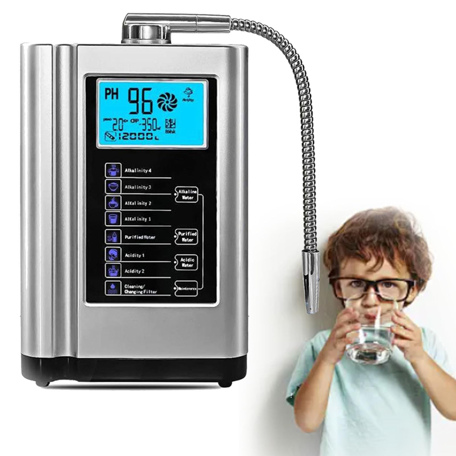 Ionizzatore D'acqua Alcalina - Ph 3,5-10,5, Orp Fino a -500 Mv, 7 Impostazioni Di Qualità Dell'acqua, Filtro Dell'acqua, Filtraggio Dell'acqua Con Pulizia Automatica Tramite Touch Screen Silver
