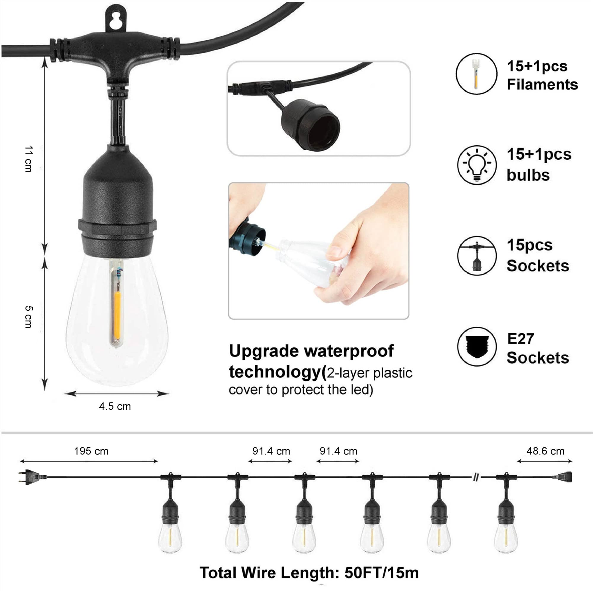 ZOTOYI Guirlande Lumineuse Exterieure LED 50FT 15M 15+1 Ampoules S14 Plastique Incassable IP65 Jardin Terrasse