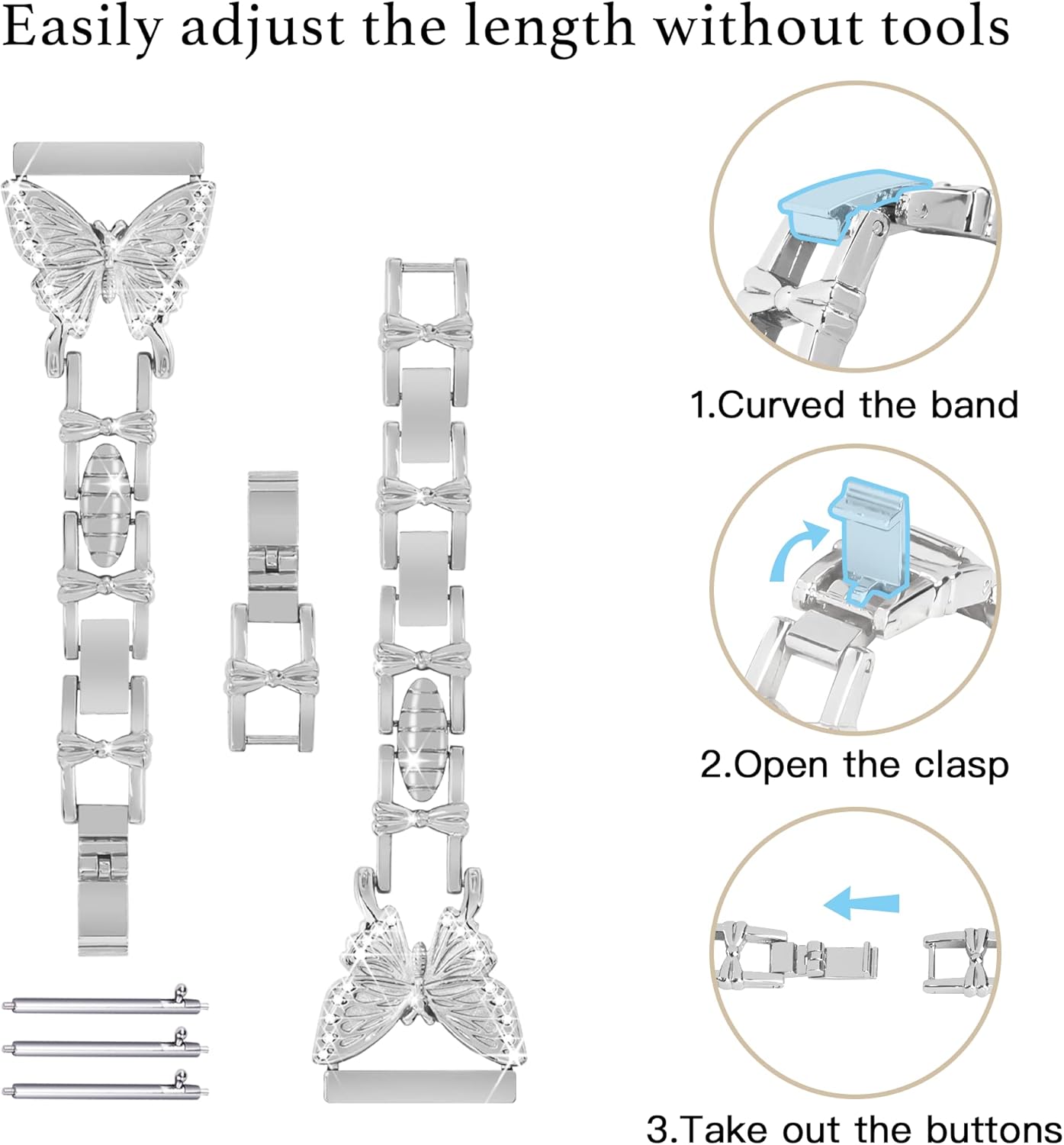 Butterfly Band Compatible with Samsung Galaxy Watch 4&5 Band-40mm with Screen Protector Case, 20mm Quick Release Women Diamond Cute Metal Slim Watch Bands & Bling Protective Cover Case (Silver)