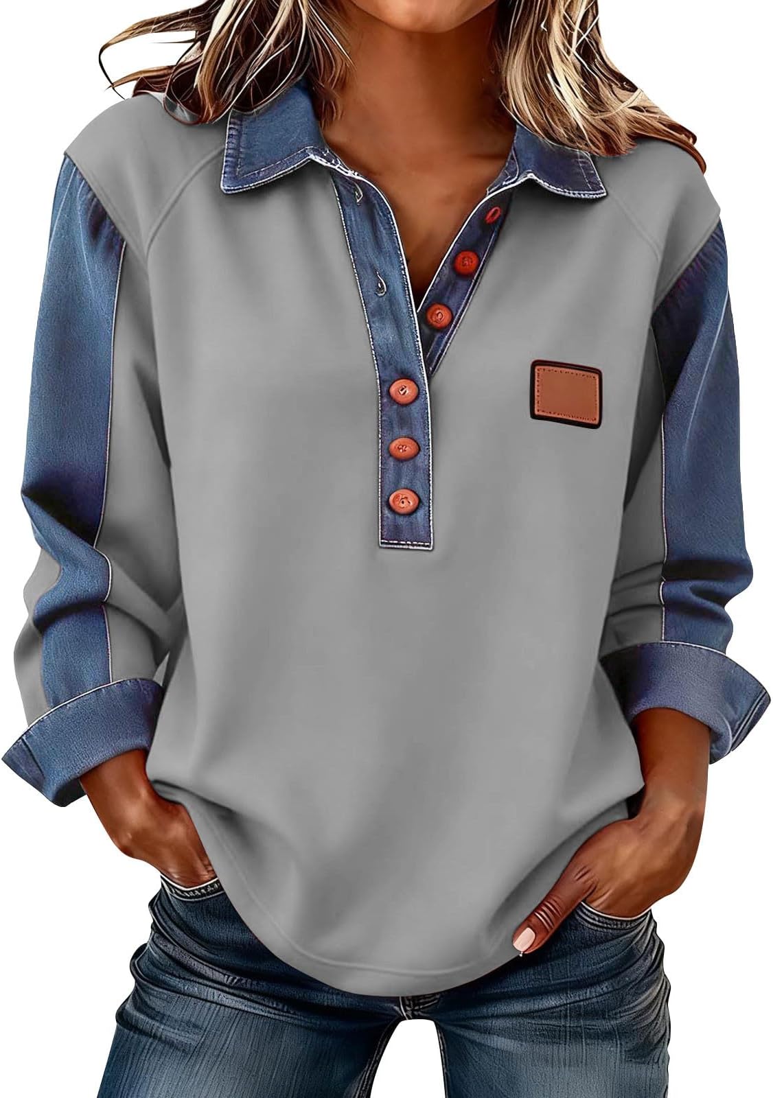 Women's Long Sleeve Tops Lapel Collar Buttons Shirt Denim Patchwork Sweatshirt Loose Comfort Color Block Pullover Tops Business Casual Blouse Spring Autumn Fashion Outfits