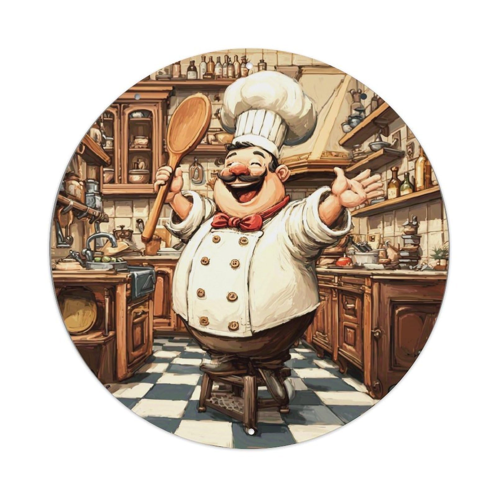 Jdyaojiesheng Vintage Chef Kitchen Cooking Joyful Scene Round Tin Sign Retro Metal Wall Decor Metal Poster, Home Bar Garage Farmhouse Cafe Wall Art Decoration 8X8inch