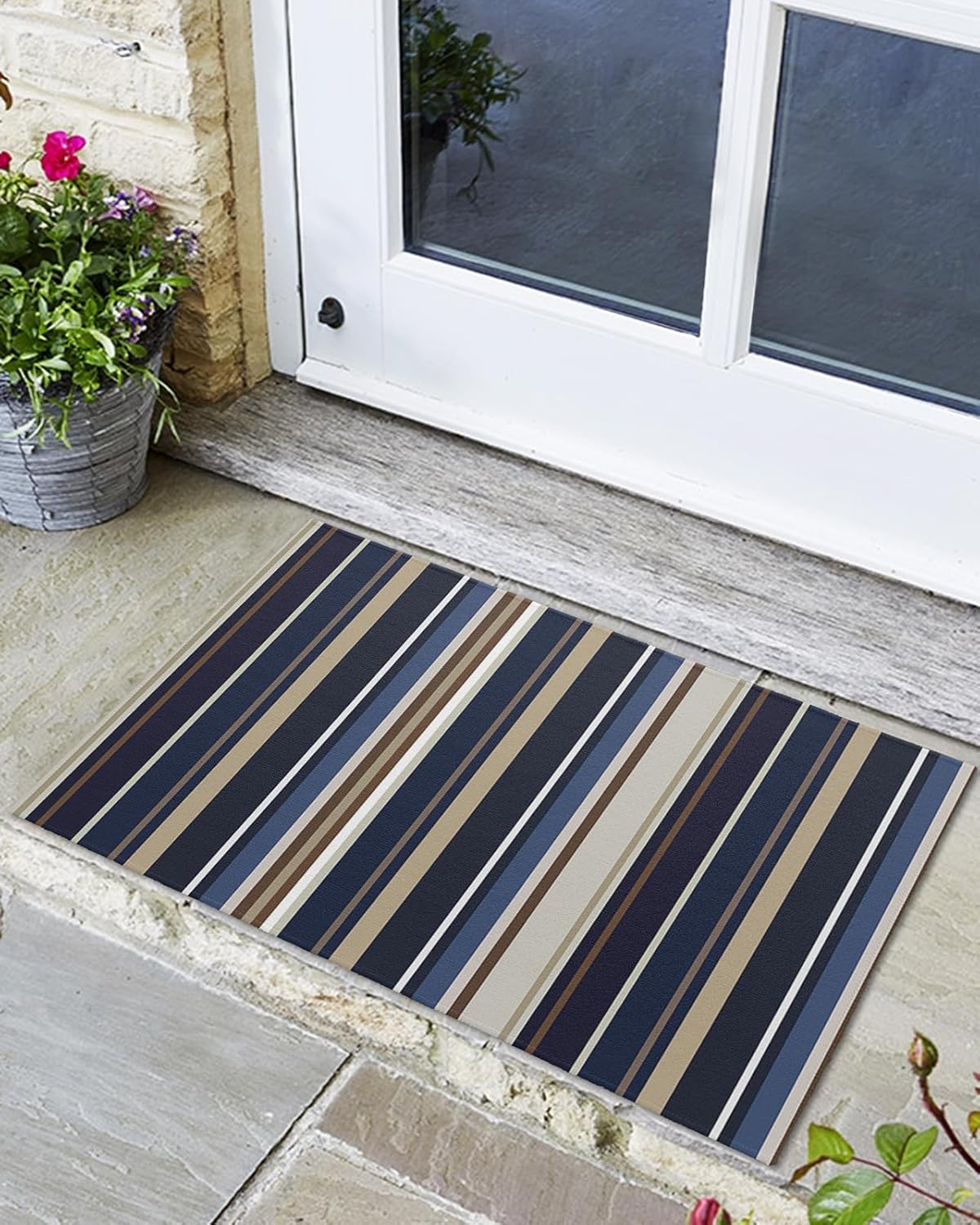 Indoor Outdoor Mats, Blue and Brown Stripes Door Mat, Non-Slip Absorbent Resist Dirt Entrance Mat Washable Welcome Mats for Entryway, Low-Profile Floor Mats