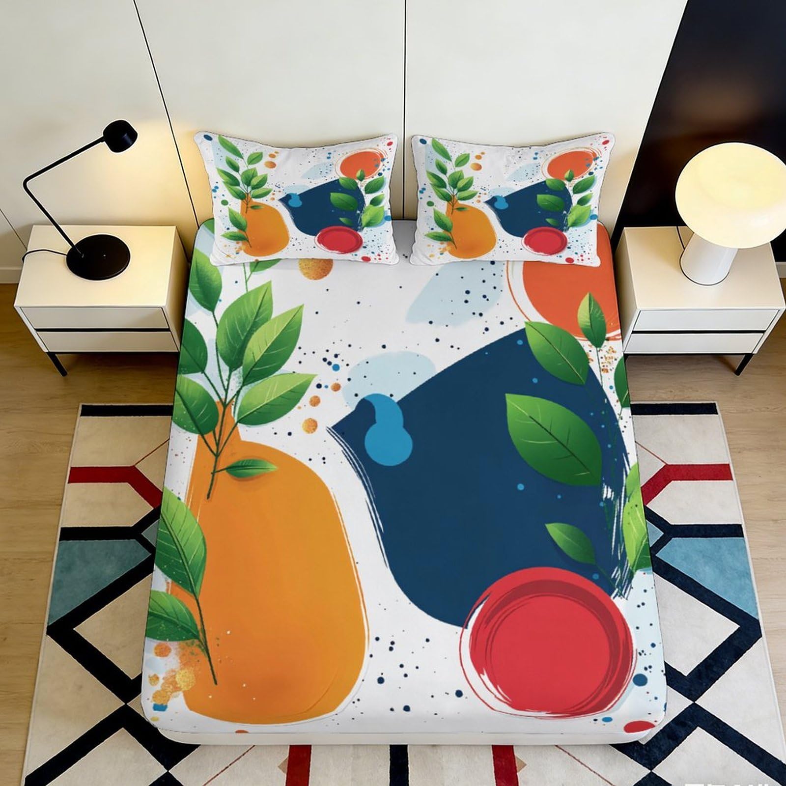 3D Printed Abstract Colorful Leaves Fitted Sheet Microfiber Soft Breathable Geometric Patterns Mattress Cover for Bedroom Dormitory Guest Room Protection 180x200x25cm