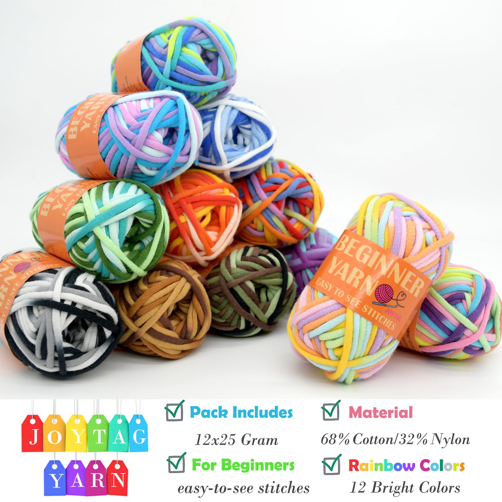 JOYTAG Confezione da 12 gomitoli di filato di cotone per uncinetto, per principianti, con punti facili da vedere, kit per uncinetto per principianti (12 x 25 g), arcobaleno misto