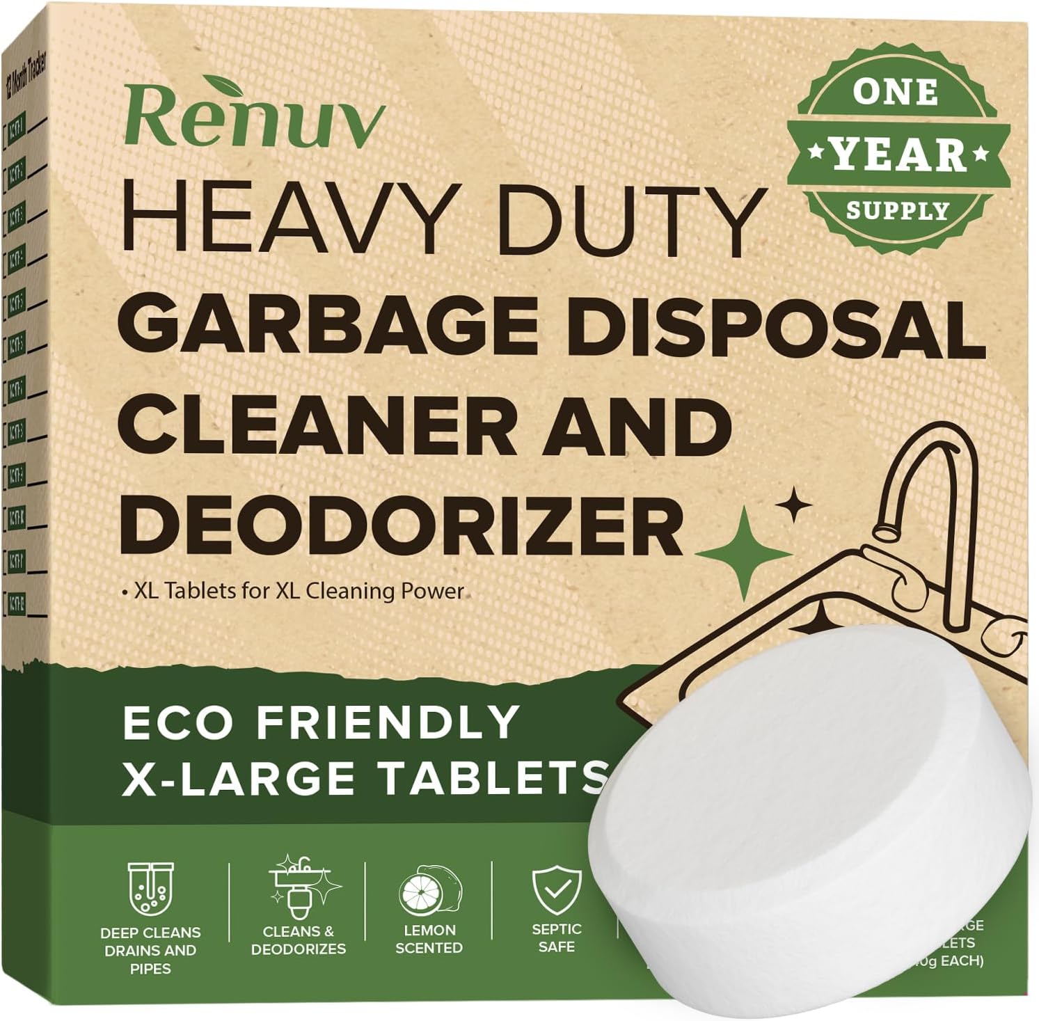 Renuv® Garbage Disposal Cleaner and Deodorizer Tablets Drain Freshener, Foaming Citrus Scent, Sink Odor Refresher for Kitchen Garbage Disposer Cleaning (12 XL Tablets - One Year Supply)