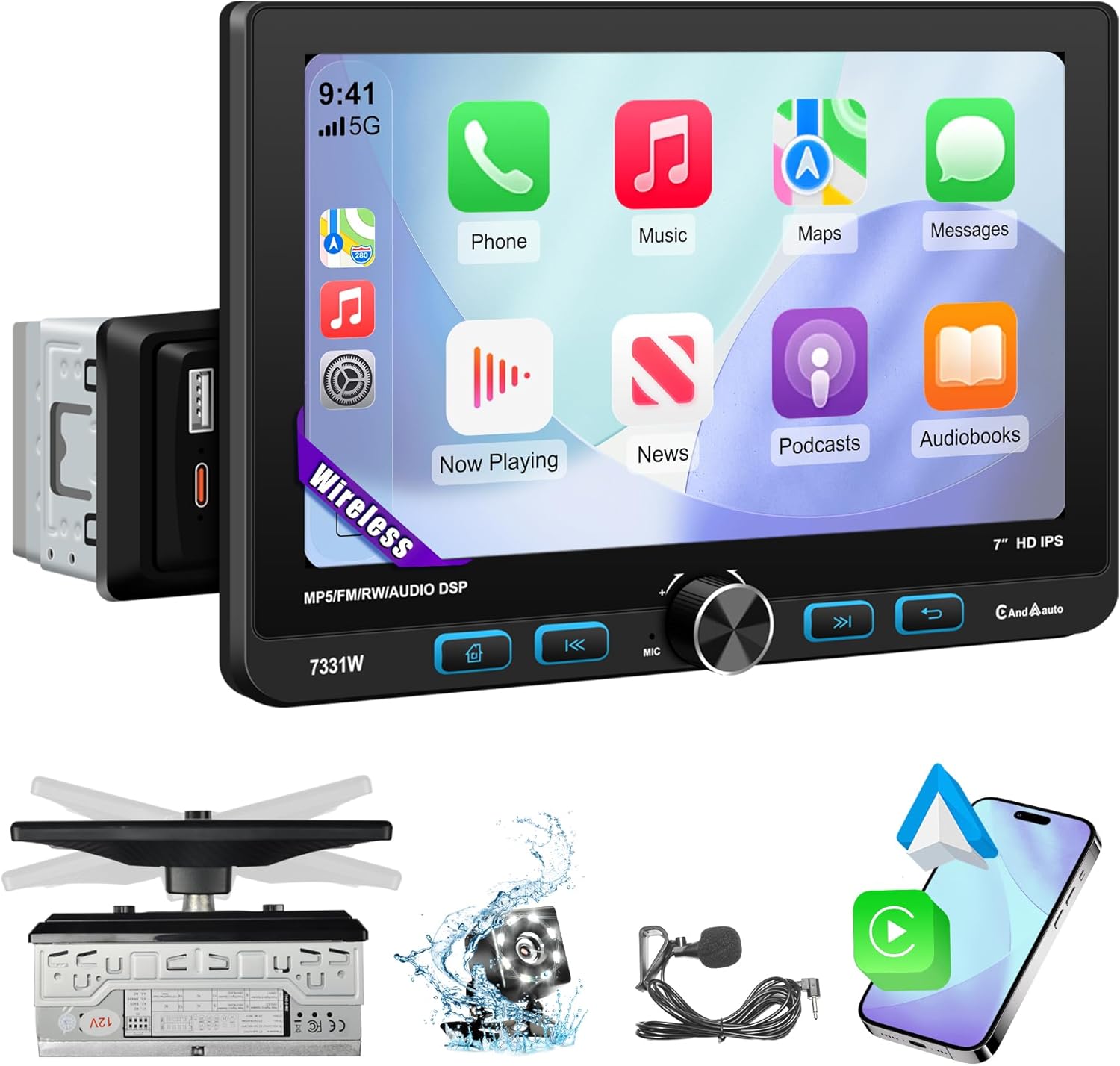 7" Single Din Touchscreen Radio, Floating Car Stereo with Wireless Apple CarPlay & Android Auto,30° Adjustable HD IPS Touchscreen,FM/AM,Bluetooth 5.2,USB & Type-C,MIC,Physical Knob, Backup Camera