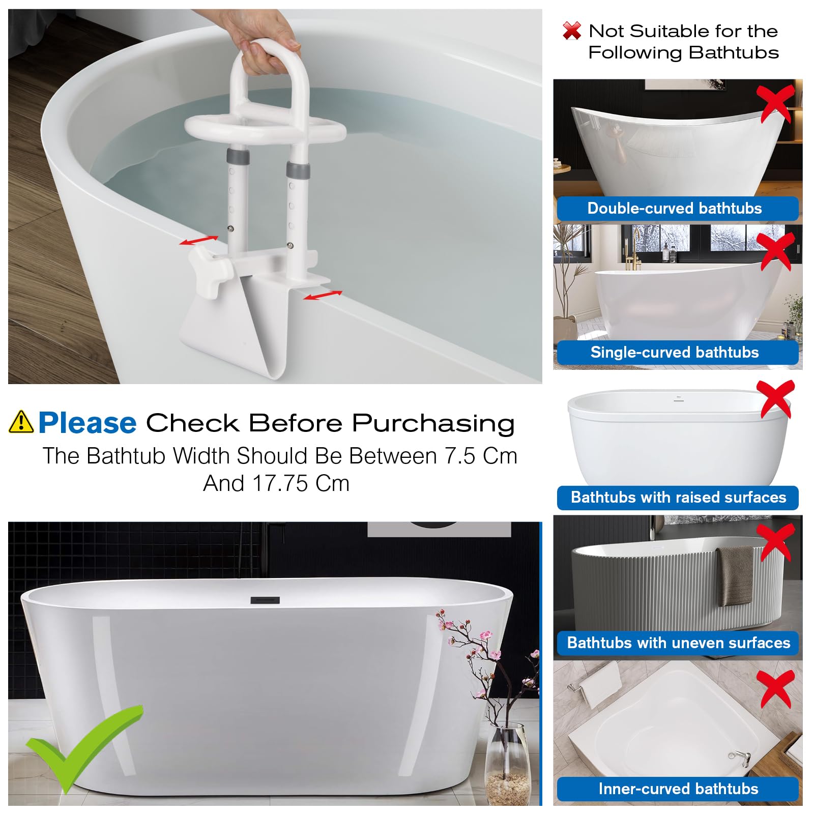 Maniglia di sicurezza per bagno, maniglie bagno per anziani, Supporto Ingresso Vasca con Altezza e Larghezza Regolabili, Bianco