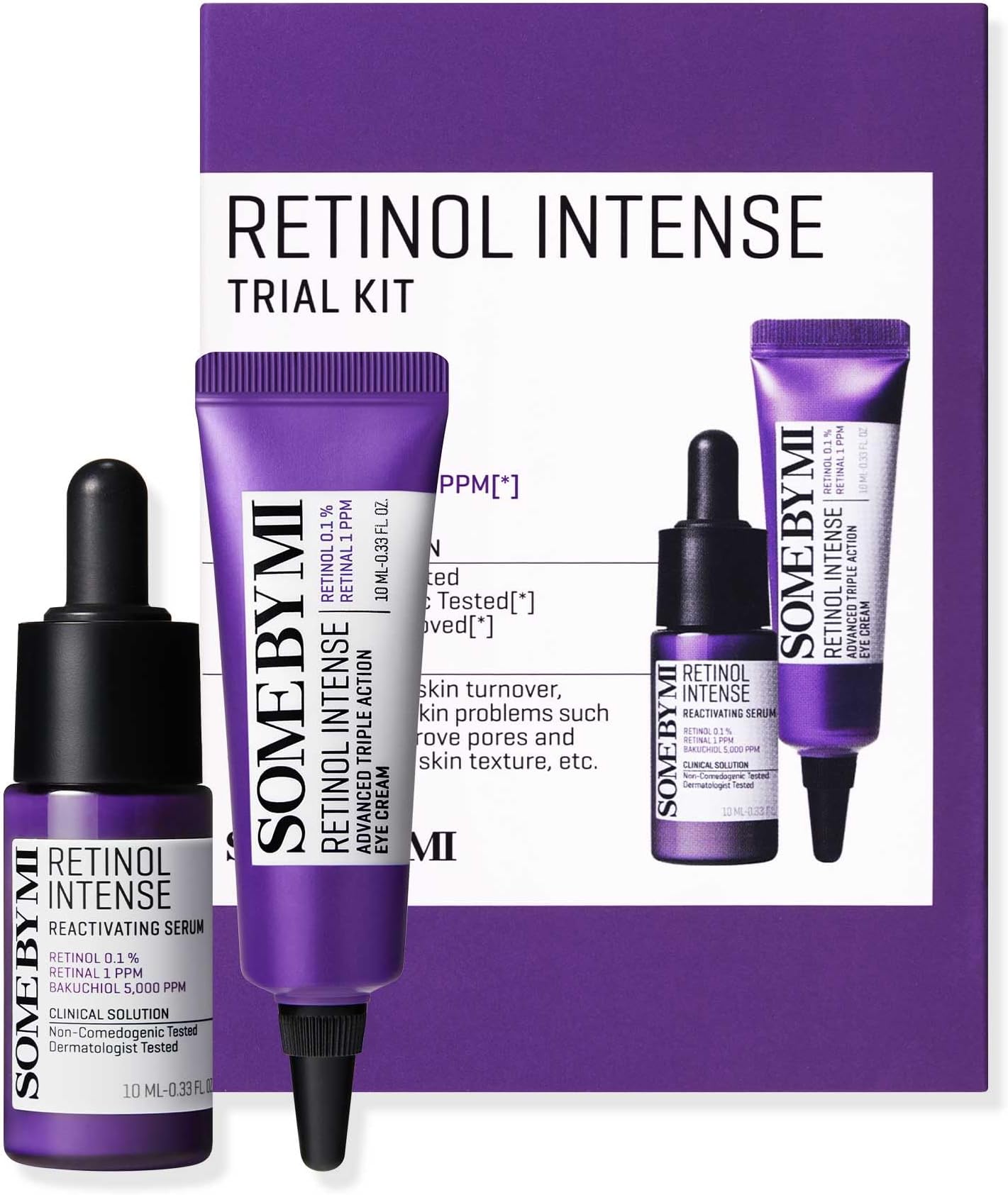 SOME BY MI Retinol Intense Trial Kit - Serum and Eye Cream, 0.33Oz - Mild Korean 0.1% Retinol Face Serum and Eye Cream for Beginner - Skin Texture, Elasticity and Under Eye Care - Korean Skin Care