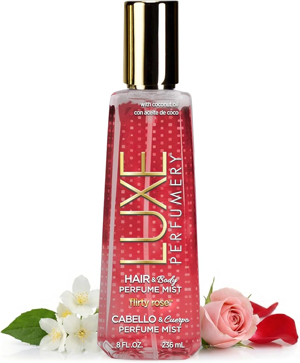 Luxe Perfumery Flirty Rose Hair & Body Perfume Mist – Romantic Floral with Bergamot, Damask Rose & Vanilla – Hydrating Coconut Oil & Glycerin, Lightweight Daily Mist for Women, 8 Fl Oz