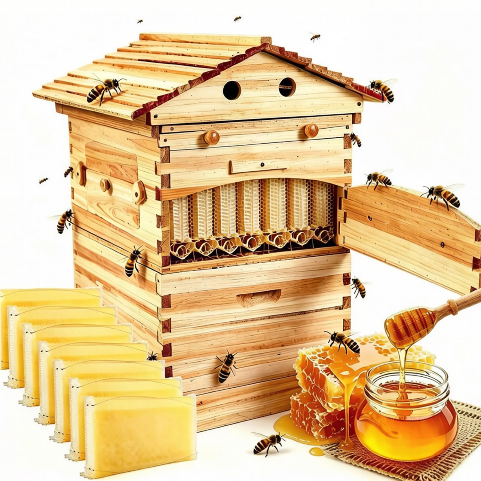 Kit de inicio de colmena de flujo automático, caja de colmena de abeja de madera con ventana de observación y boquilla de miel, kit completo de apicultura para principiantes, aficionados al