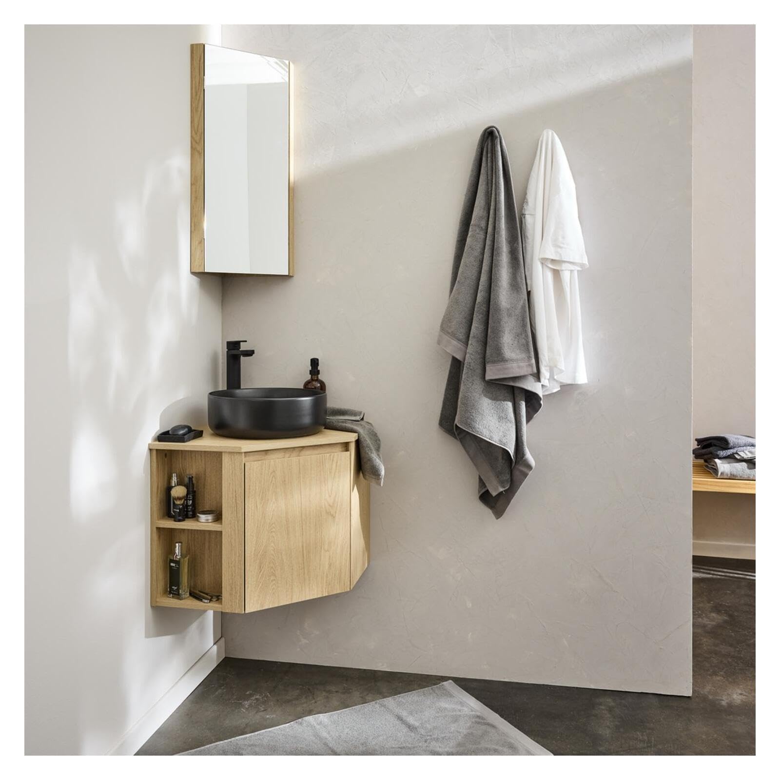 MOB-IN Ensemble Meuble sous Vasque d'angle Sorrento + Vasque Noire + Robinet
