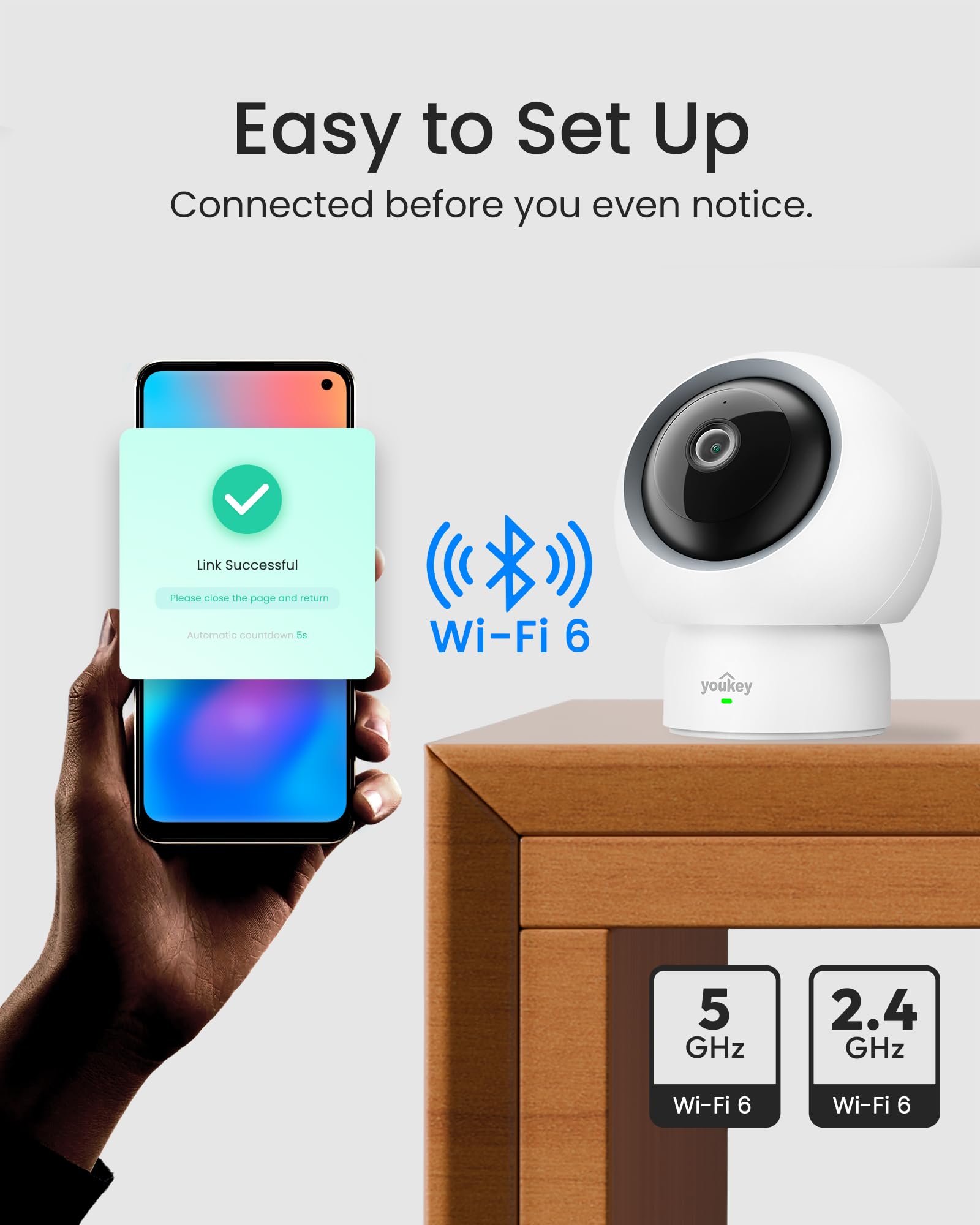 Youkey Cámaras interiores de 2.5 K para seguridad del hogar, cámara WiFi de 5 GHz, monitor de bebé con WiFi de doble banda de 5 GHz/2.4 GHz, emparejamiento Bluetooth, visión nocturna, detección