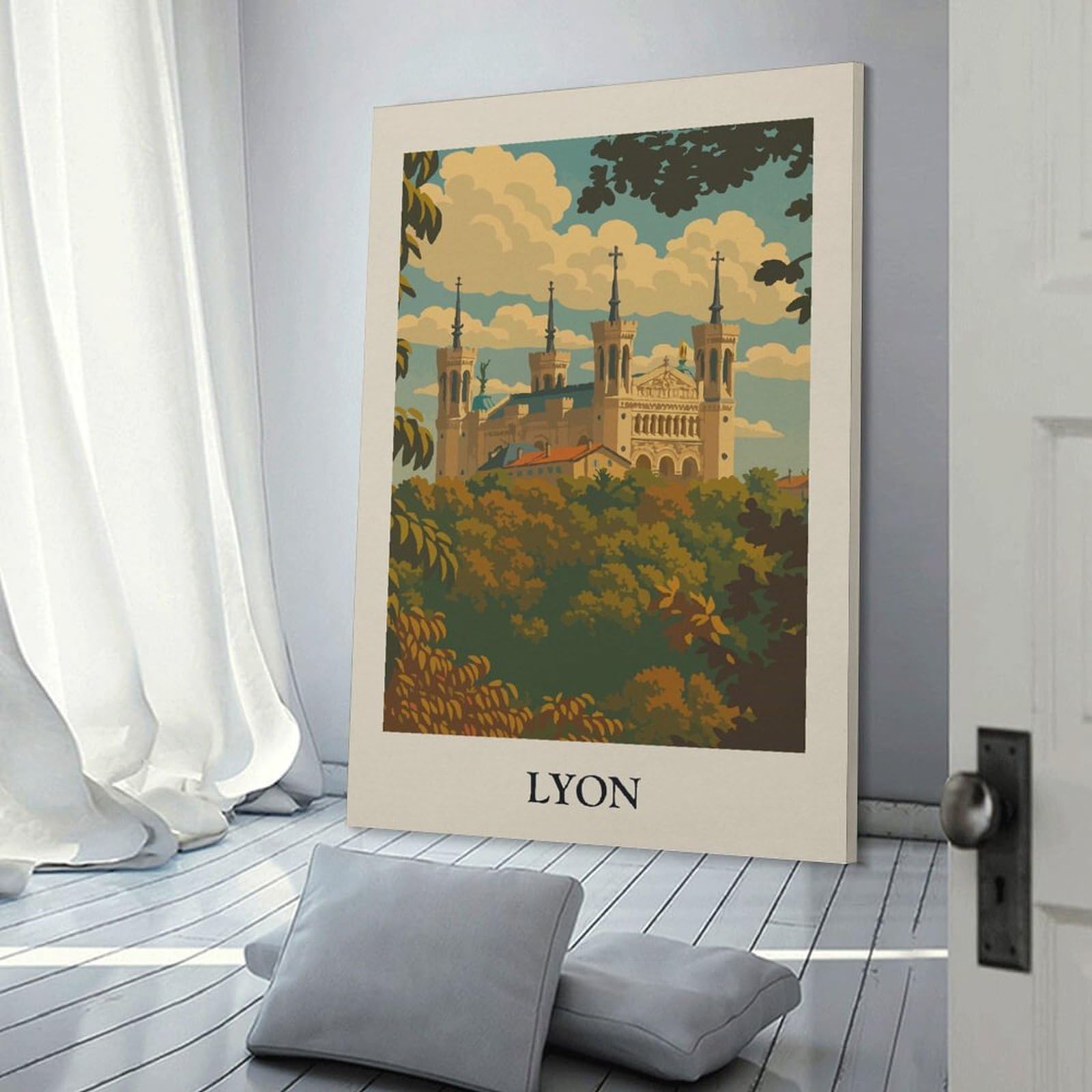 Junmoney Lyon Basilica Travel Wall Art Print, 20x30inch(50x75cm), for Entryway, Lounge Links Or Small Walls, Decorative Canvas Styling for Entry Areas