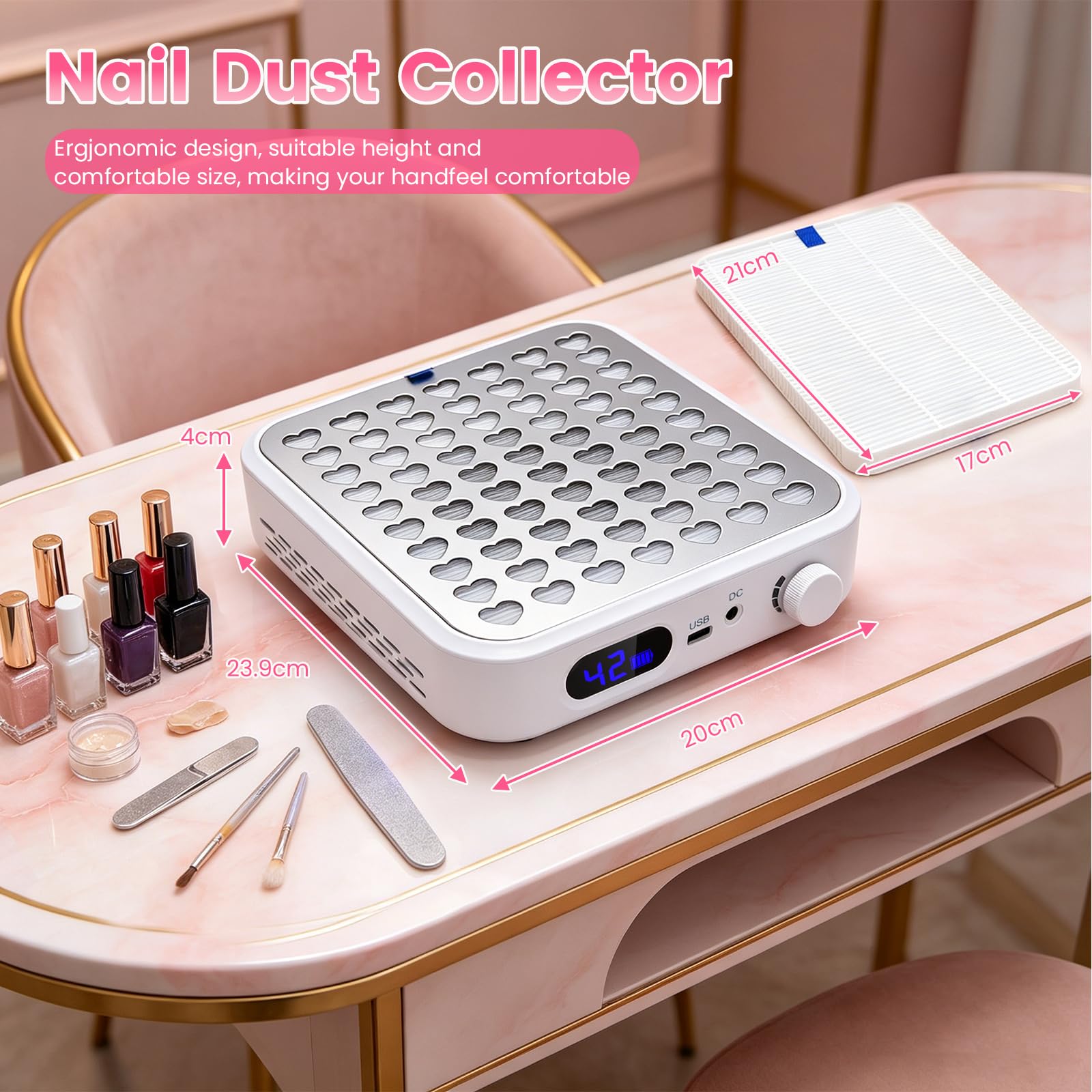 Aspirador Uñas Profesional 56w, Con Salida USB Y Pantalla LED, Succión Ajustable, Filtro Reutilizable, Adecuado Para Manicura Y Pedicura, Blanco