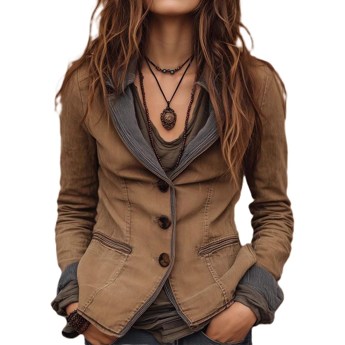 Vintage Jean Jacket for Women Button Down Denim Blazer Coat Long Sleeve Open Front Casual Jackets