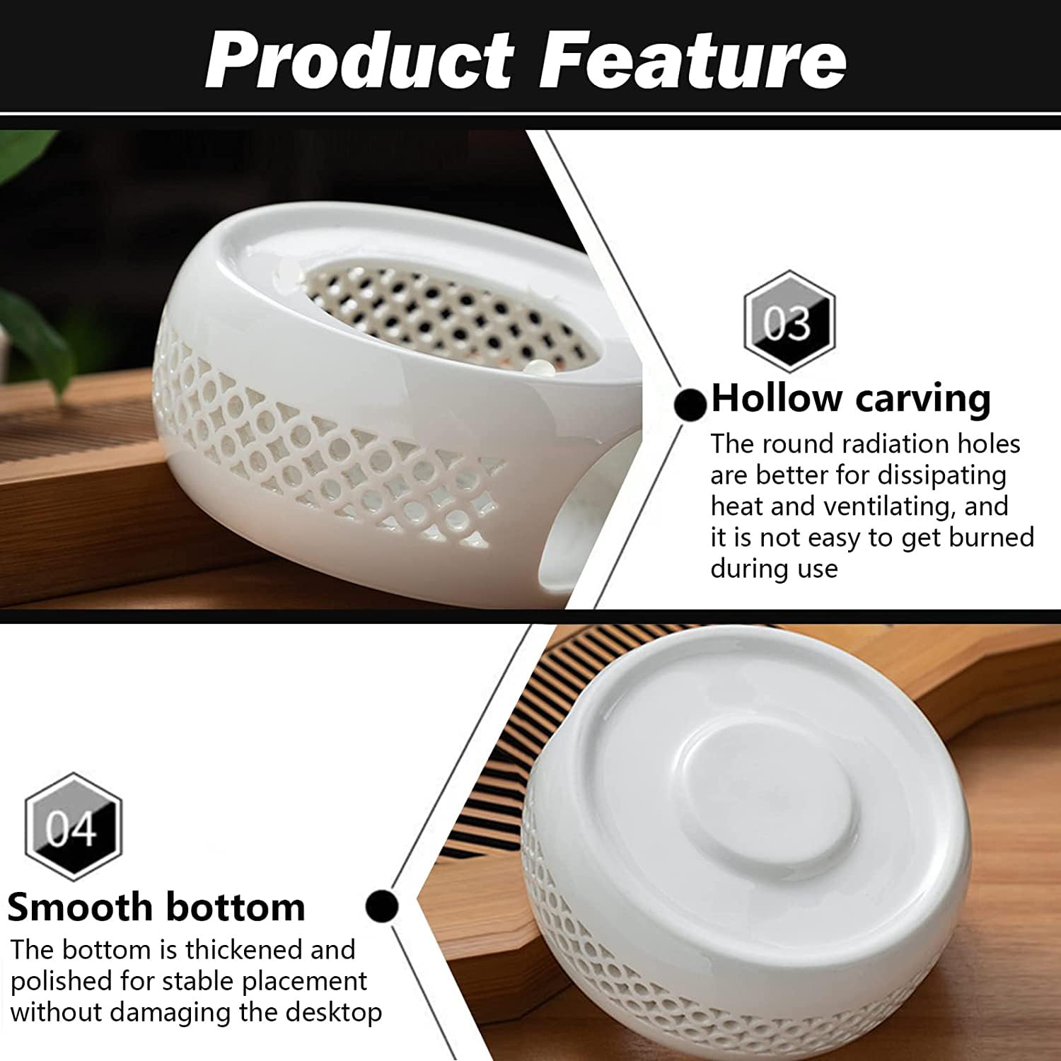 Calentador de Tetera Porcelana Calentador de Té Cerámica con Cuchara y Estufa Tapete Base Calentadors de Café de Diseño Tallado Hueco para conservar el Calor Té Leche (Blanco)
