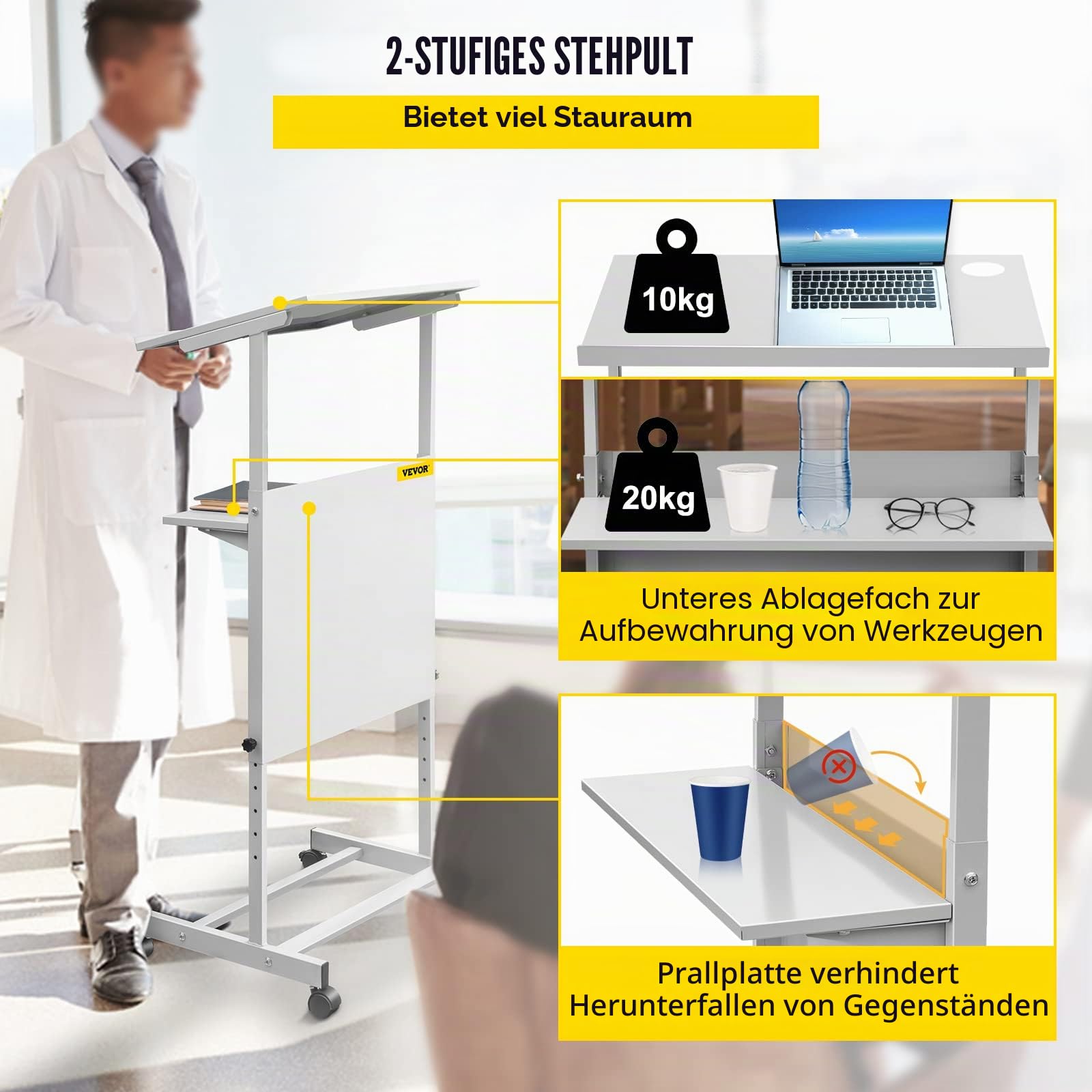 VEVOR Rednerpult Stehpult höhenverstellbar mit 4 Rollen 2-stufige Schichte, Mobil Schreibpult Stehtisch Pult Laptoptisch Weiß Stehschreibtisch aus SPCC Klassenzimmer Büro Hause Studio